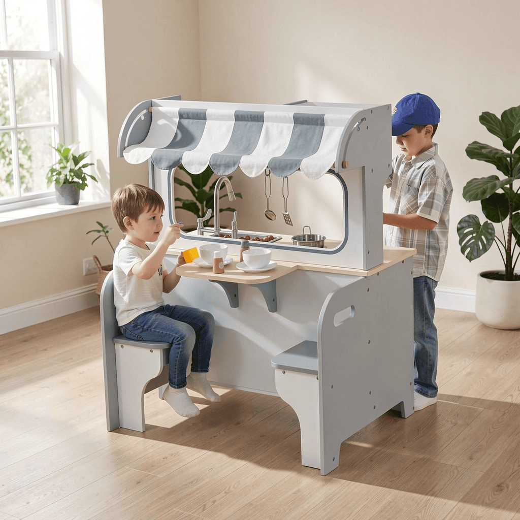 Redsmile Double-sided Pretend Play Kitchen,Wooden Kids Kitchen Playset with 2-Seat Cafe,Microwave,Oven,with Realistic Lights and Sounds,Gift for Girls Boys Ages 3-10,Gray