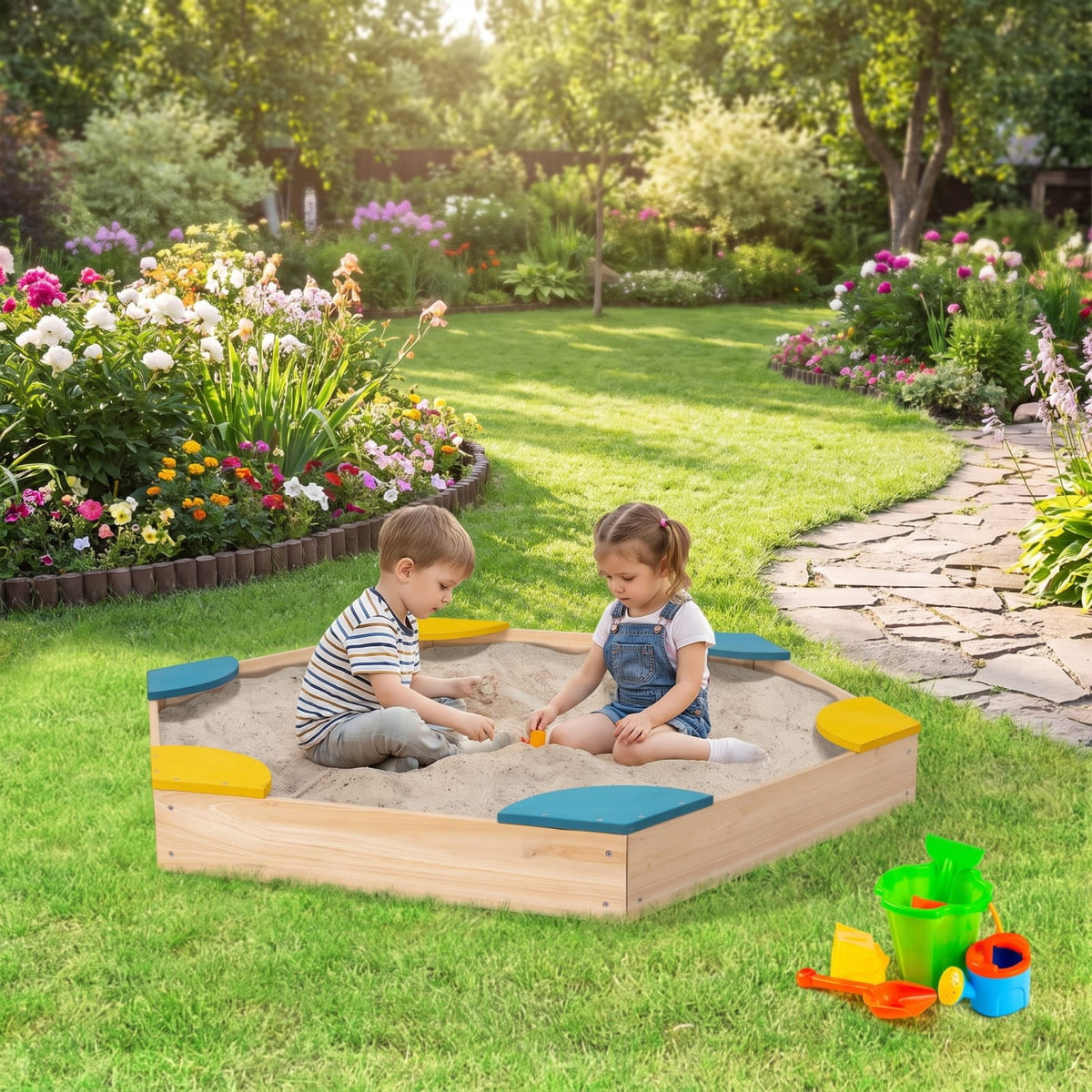 Redsmile Outdoor Solid Wood Sandbox with 6 Built-in Fan-shaped Seats for Kids Backyard Playground Summer Fun