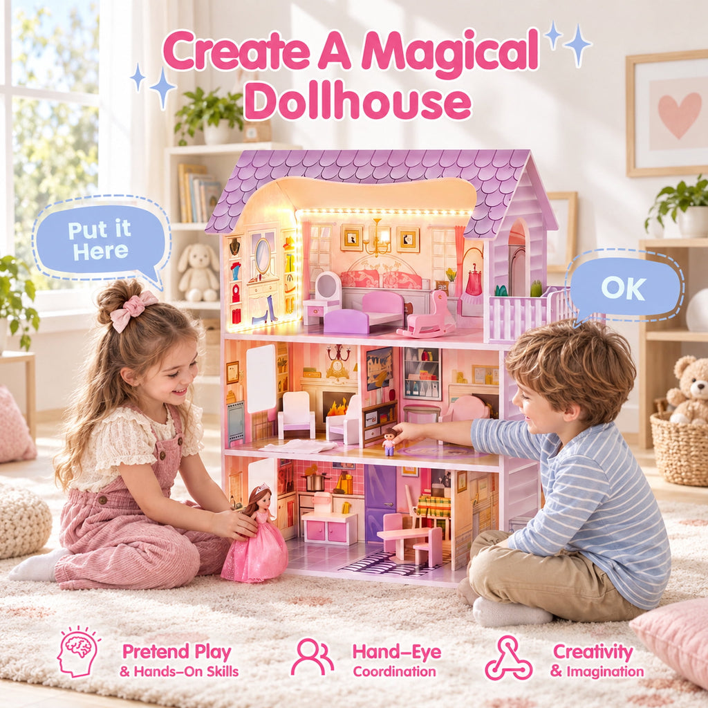 Redsmile Wooden Dollhouse with warm LED Lights, 3-Story Pretend Play Doll House with 16 Furniture and Accessories, DIY Princess Playhouse, Creative Gift for Girls