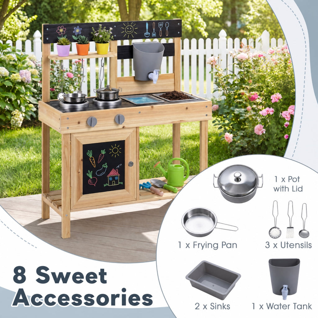 Redsmile Mud Kitchen for Kids Outdoor with 2 Removable Sinks, Fir Wood Play Kitchen Set with Water Box Faucet 2 Stoves and 5 Kitchenware, Toddler Backyard Playset for Ages 3+, Natural