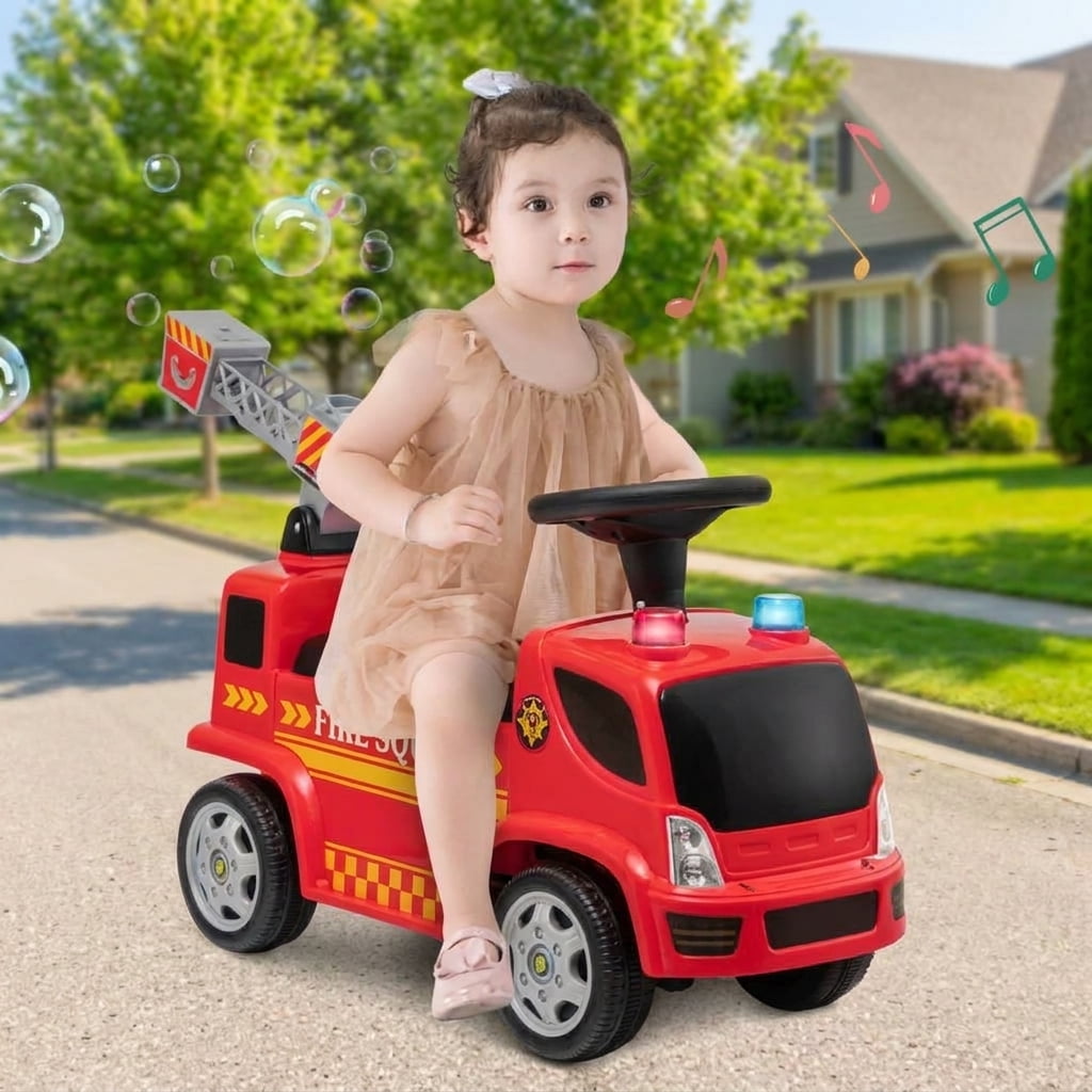 Redsmile Kids Push Ride On Fire Truck for Toddlers Ages 18-36 Months, Foot-to-Floor Ride On Fire Engine with Ladder, Bubble Maker, Working Headlights and Steering Wheel, 44 lbs Capacity, Red