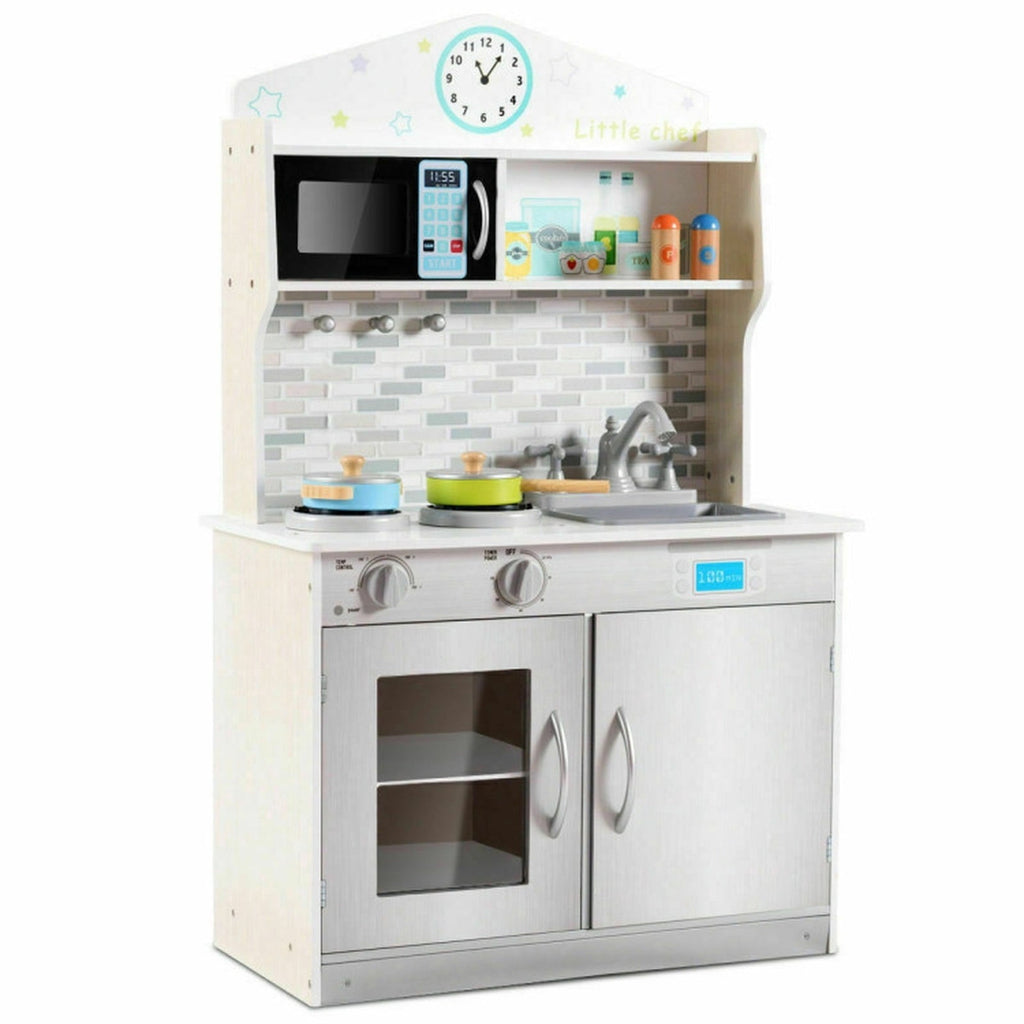Redsmile Wooden Play Kitchen for Kids, Pretend Cooking Playset with Cookware Accessories, Toddler Kitchen Toy, Beige