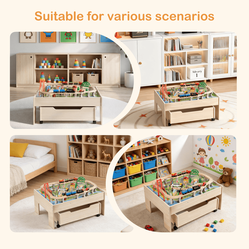 Redsmile Train Table with Electric Train,100 Pcs Multicolor Wooden Kids Activity Table with Rolling Storage Drawer for Gaming, Drawing, Reading,Creative Toy Set for Boys and Girls
