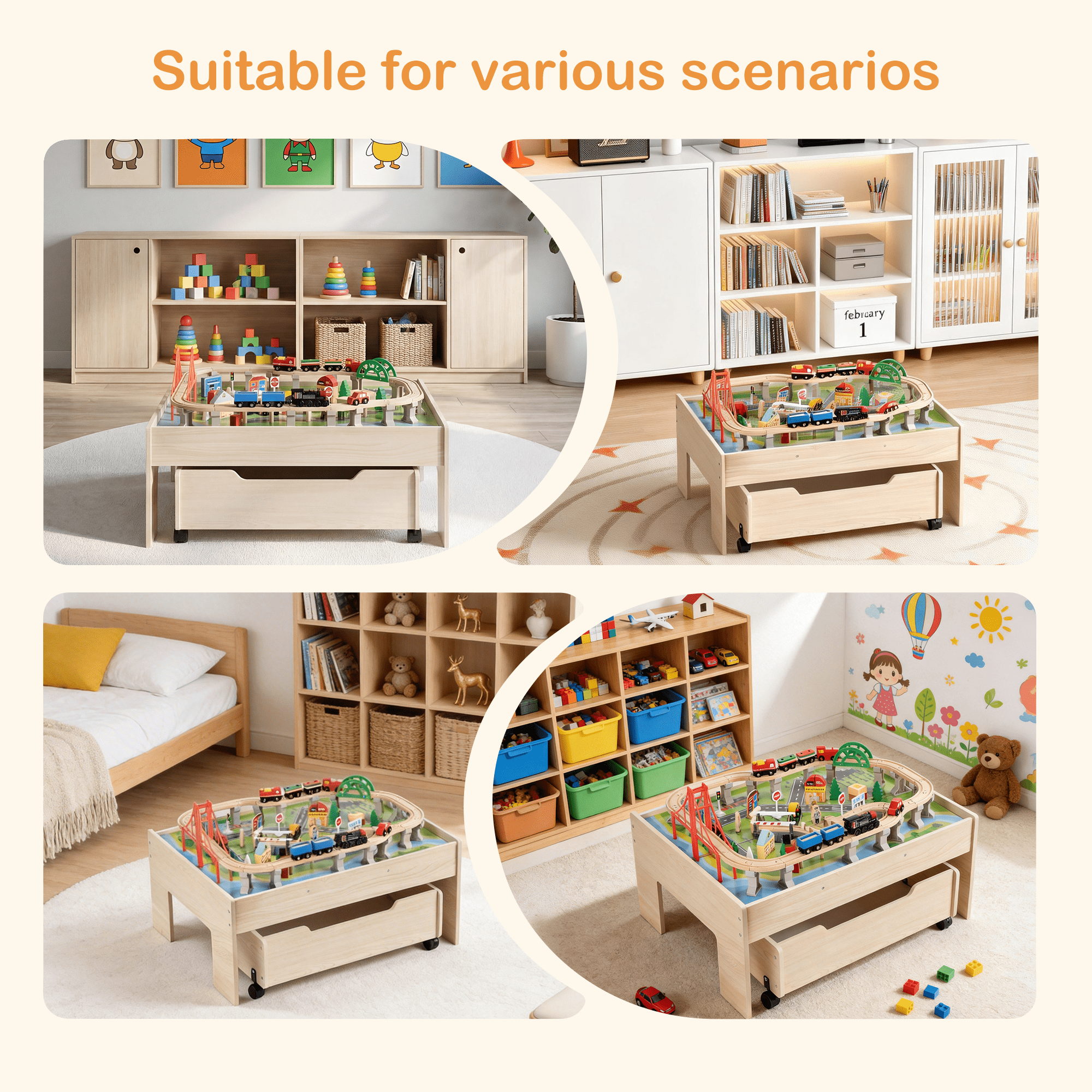 Redsmile Train Table with Electric Train,100 Pcs Multicolor Wooden Kids Activity Table with Rolling Storage Drawer for Gaming, Drawing, Reading,Creative Toy Set for Boys and Girls