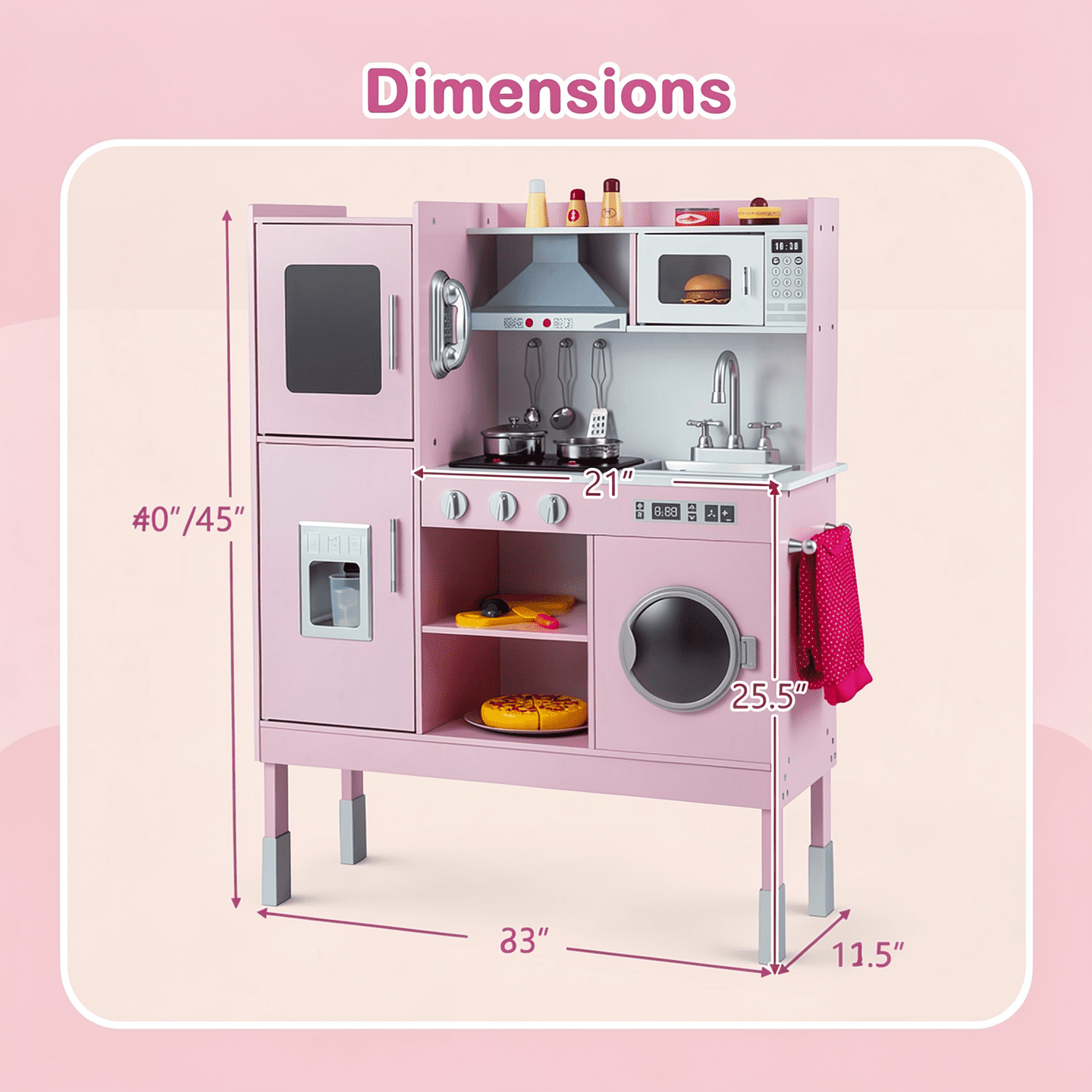 Redsmile Play Kitchen,Wooden Kids Kitchen Playset with Realistic Lights and Sounds,Pretend Play Toy Kitchen with Ice Maker and Range Hood,Gift for Girls Boys Ages 3-10,Pink