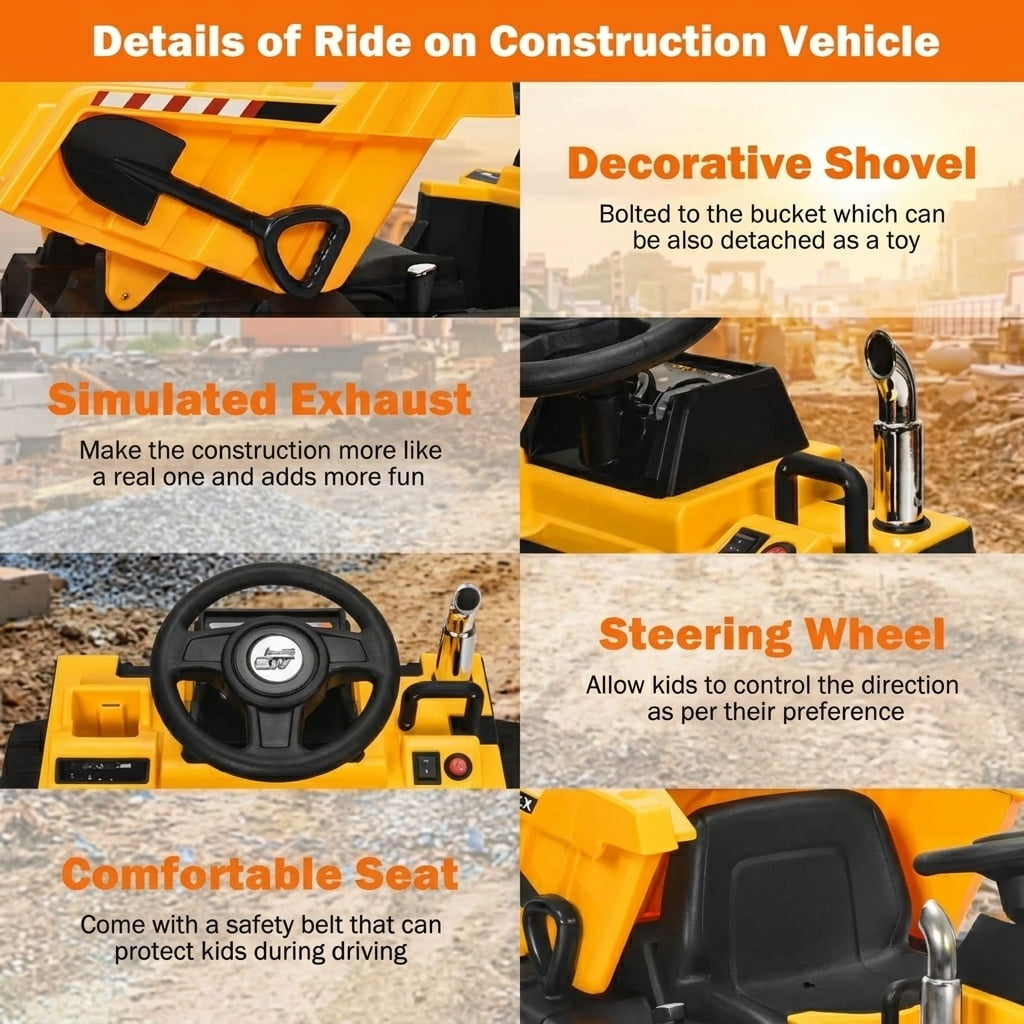 Redsmile 12V Battery Kids Ride On Dump Truck with Electric Bucket, Detachable Shovel, 2.4G Parental Remote Control, LED Lights, USB Music Toddler Toy, Yellow