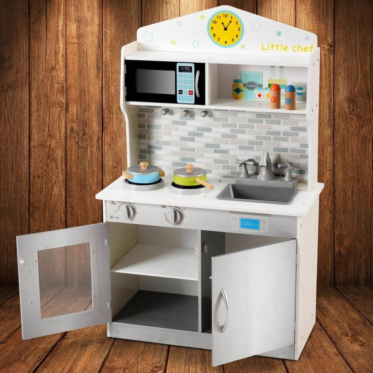 Redsmile Wooden Play Kitchen for Kids, Pretend Cooking Playset with Cookware Accessories, Toddler Kitchen Toy, Beige