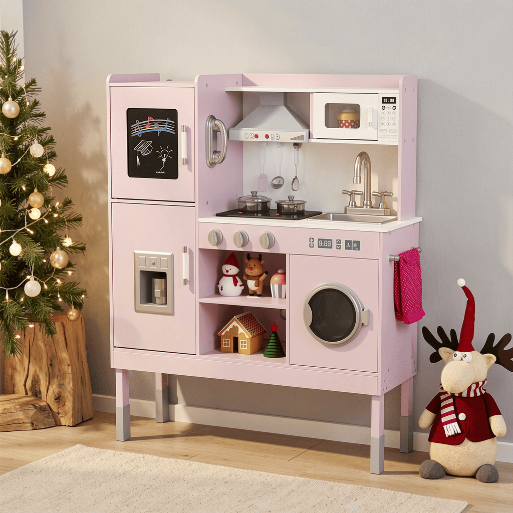 Redsmile Play Kitchen,Wooden Kids Kitchen Playset with Realistic Lights and Sounds,Pretend Play Toy Kitchen with Ice Maker and Range Hood,Gift for Girls Boys Ages 3-10,Pink
