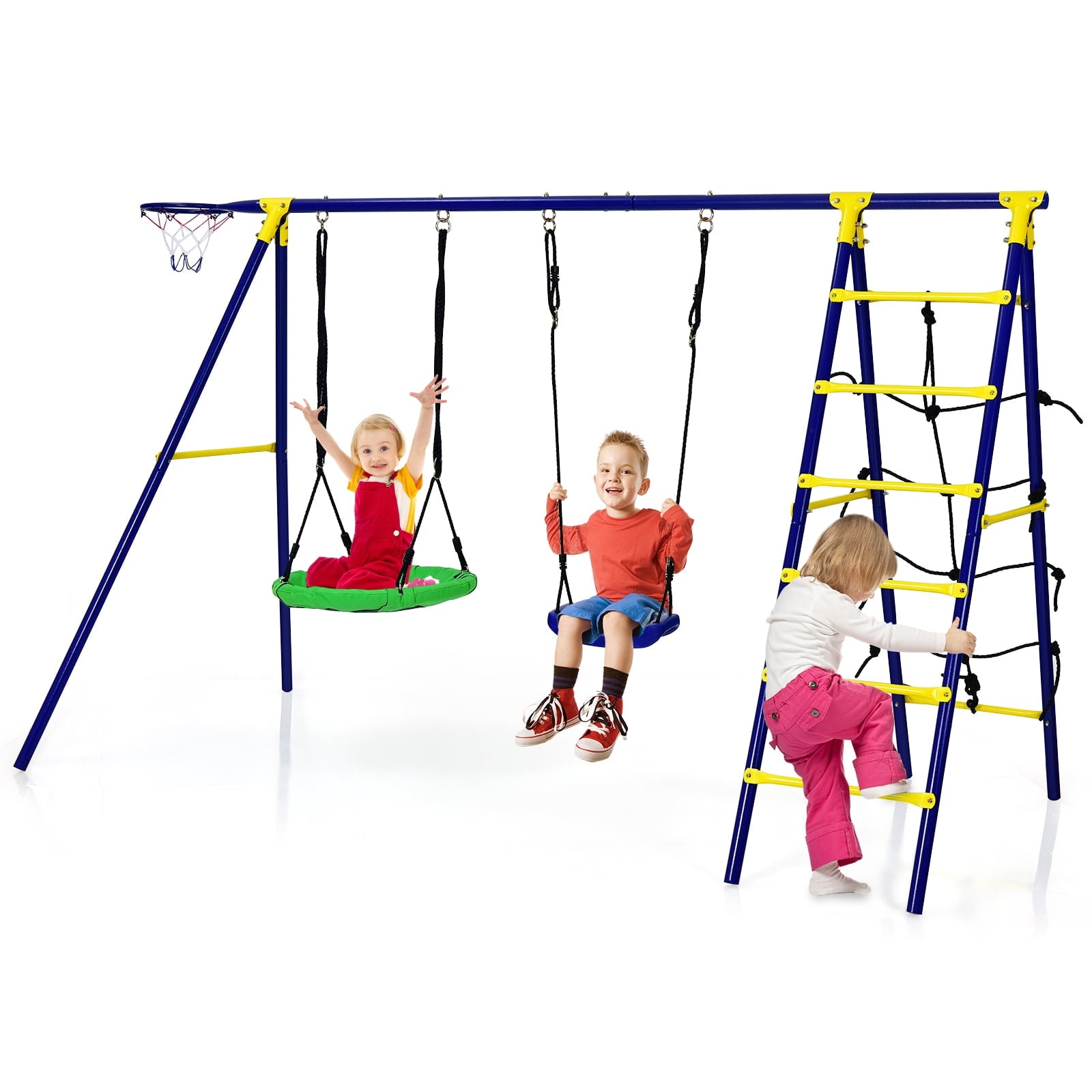 Redsmile 5-In-1 Outdoor Kids Swing Set with A-Shaped Metal Frame and Ground Stake - Blue - Backyard Play