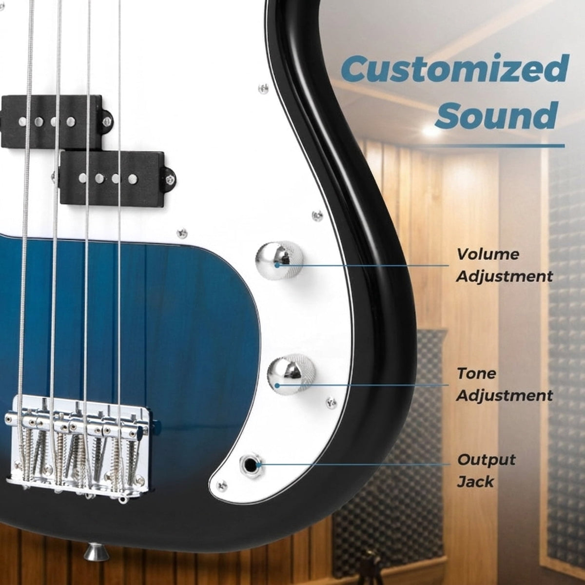 Redsmile 45.5 Inch 4 String Electric Bass Guitar with Double Pickups and Gig Bag for Beginners, Blue