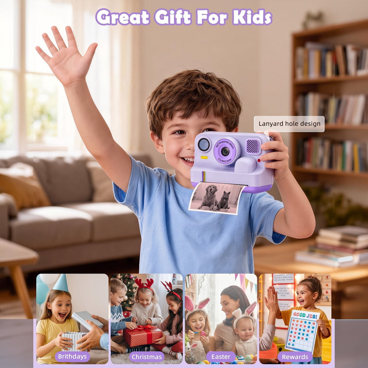 Redsmile Kids Instant Print Camera with Dual Lenses, 1080P Video, 2.4-Inch Screen, 32GB Card and USB-C Charging, Purple