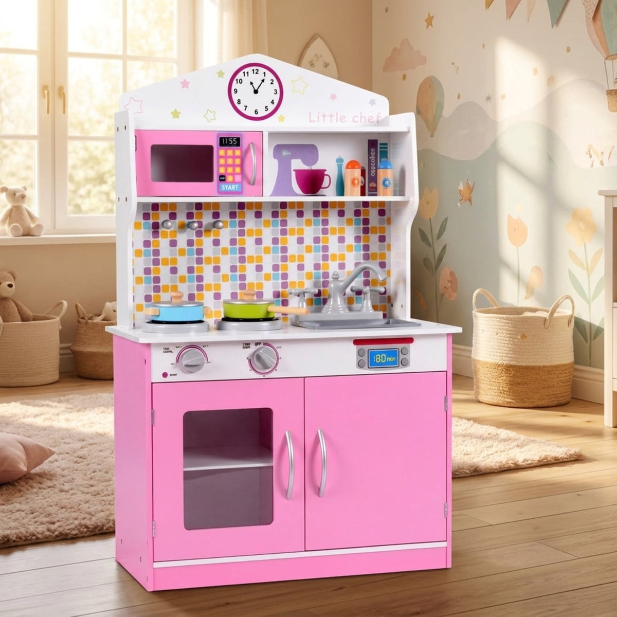 Redsmile Wooden Play Kitchen for Kids, Pretend Cooking Playset with Cookware Accessories, Toddler Kitchen Toy, Pink
