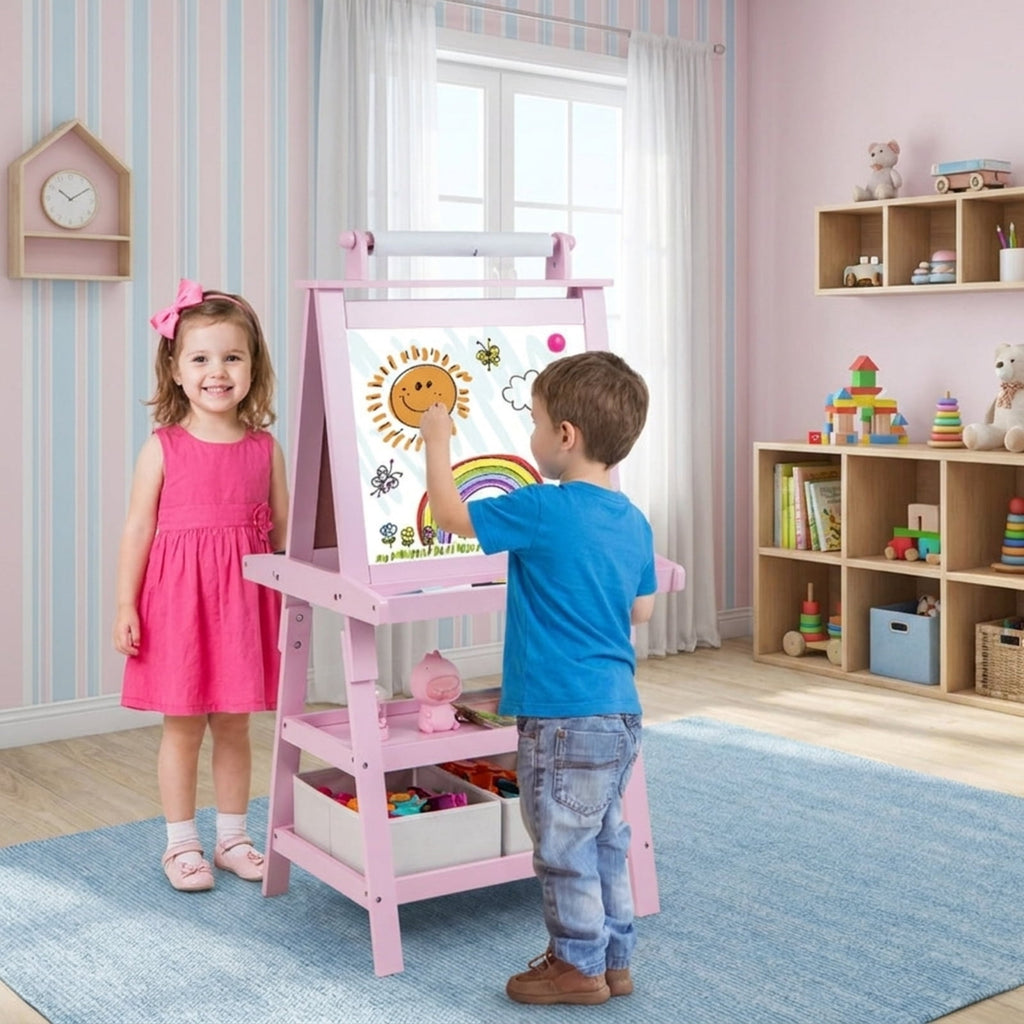 Redsmile 3-in-1 Kids Art Easel, 46 Inch Double-Sided Standing Easel with Paper Roll Whiteboard Chalkboard Storage Shelves and Paint Cups, Toddler Drawing Board for Boys Girls Ages 3+, Pink