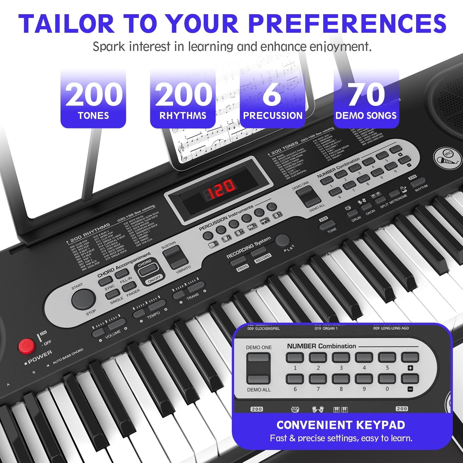 Redsmile 61 Key Piano Keyboard with Lighted Keys Stand Bench Microphone Headphone and Built-in Speakers for Beginners, Black