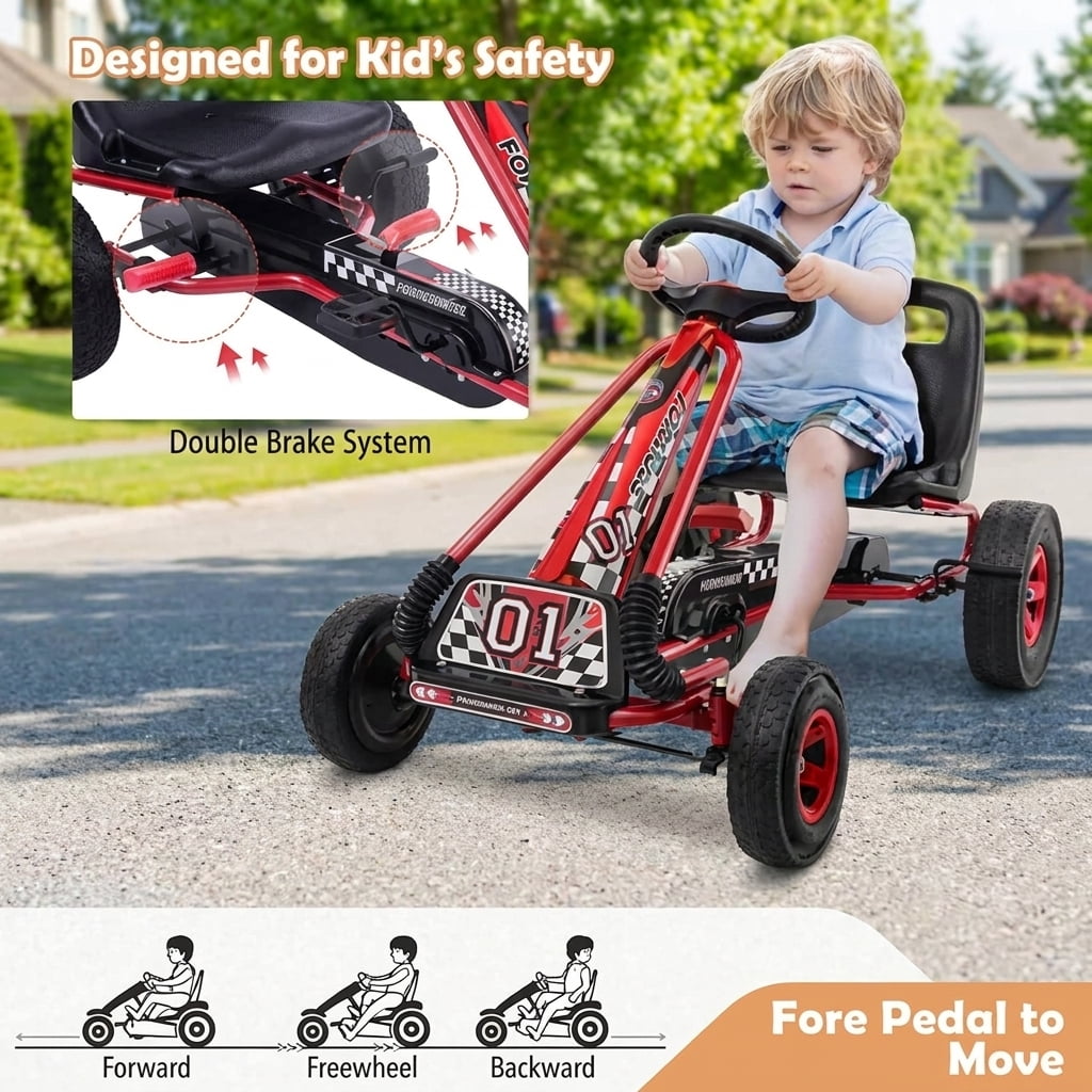 Redsmile Kids Ride On Pedal Go Kart, 4 Wheel Pedal Powered Racer Car for Kids Ages 3 and Up, Outdoor Ride On Toy with Rubber Tires and 66 lbs Capacity, Adjustable Kids Go Kart, Red