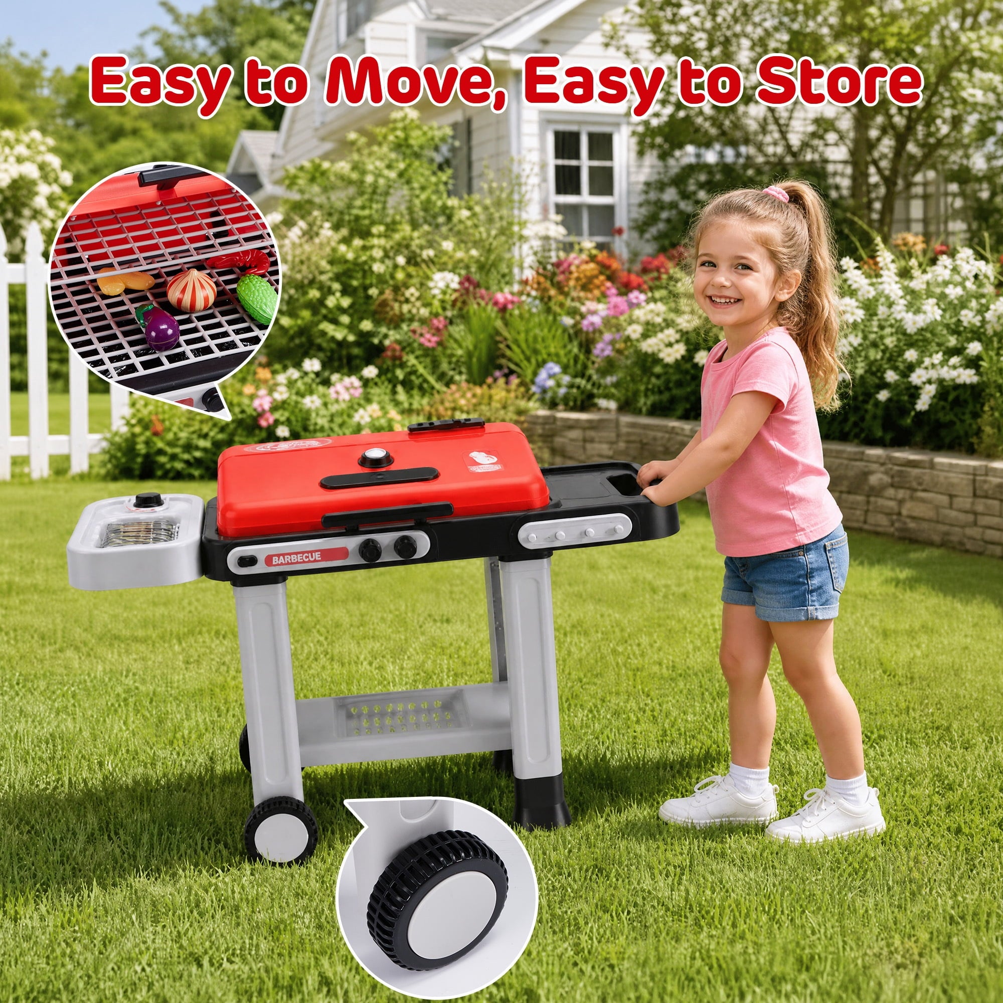 Redsmile Kids BBQ Grill Toy with Spray Light and Sound, Color-Changing Play Food Set, Pretend Play Kitchen Toy for Boys Girls