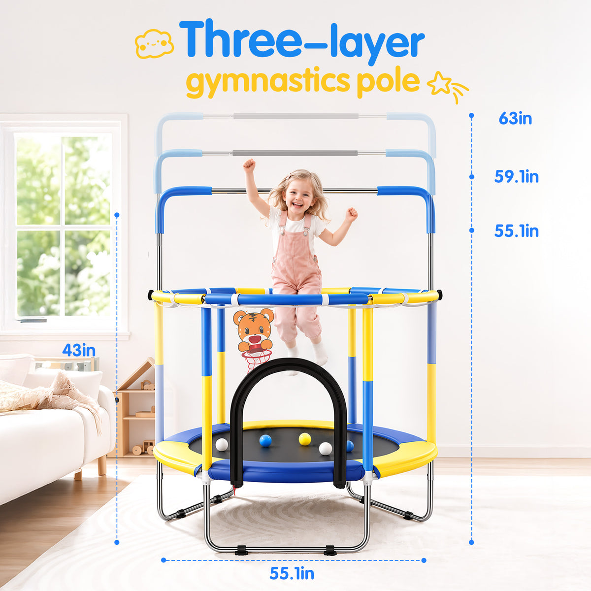 Redsmile 55 Inch Trampoline for Kids with Safety Net, 3-Level Adjustable Height, 500lb Capacity Indoor and Outdoor Jumper with Basketball Hoop for Boys and Girls, Blue