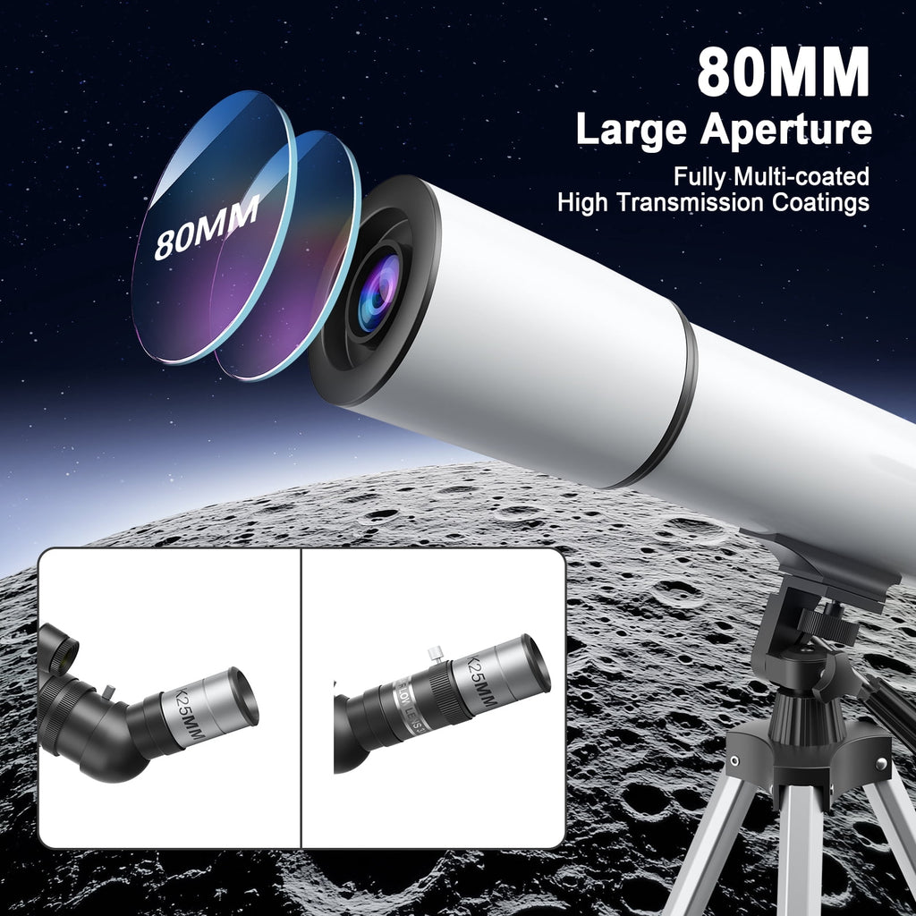 Redsmile Telescope for Adults Astronomy Beginners80mm Aperture 500mm Refractor Telescope with AZ Mount Tripod and 2 Eyepieces20x to 50x Magnification for Moon ViewingWhite