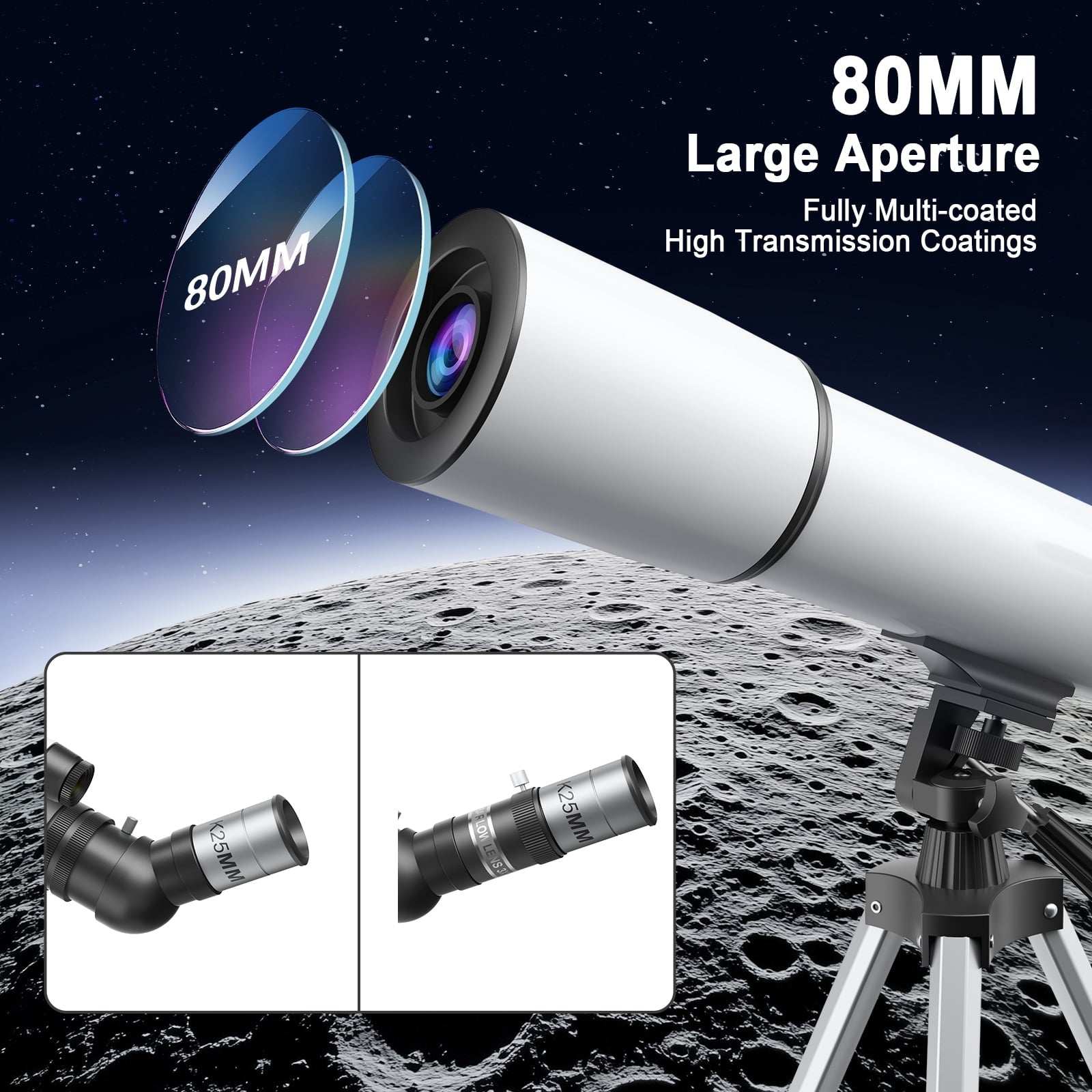 Redsmile Telescope for Adults Astronomy Beginners80mm Aperture 500mm Refractor Telescope with AZ Mount Tripod and 2 Eyepieces20x to 50x Magnification for Moon ViewingWhite