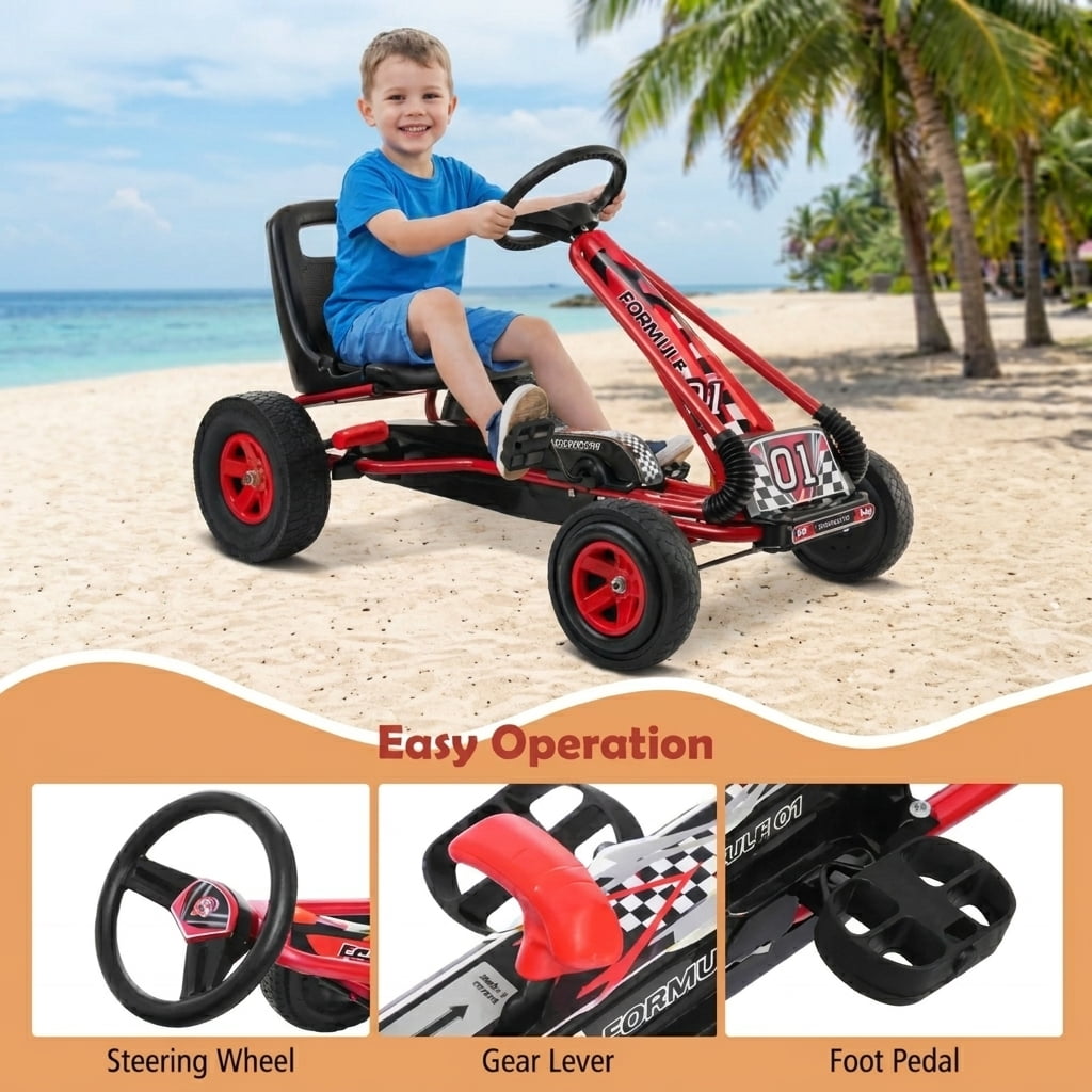 Redsmile Kids Ride On Pedal Go Kart, 4 Wheel Pedal Powered Racer Car for Kids Ages 3 and Up, Outdoor Ride On Toy with Rubber Tires and 66 lbs Capacity, Adjustable Kids Go Kart, Red