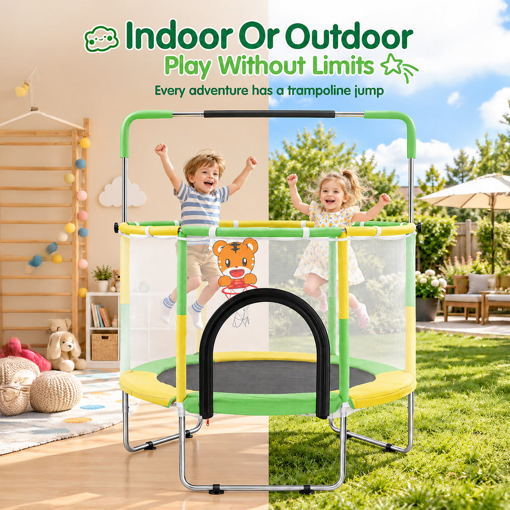 Redsmile 55 Inch Trampoline for Kids with Safety Net, 3-Level Adjustable Height, 500lb Capacity Indoor and Outdoor Jumper with Basketball Hoop for Boys and Girls, Green
