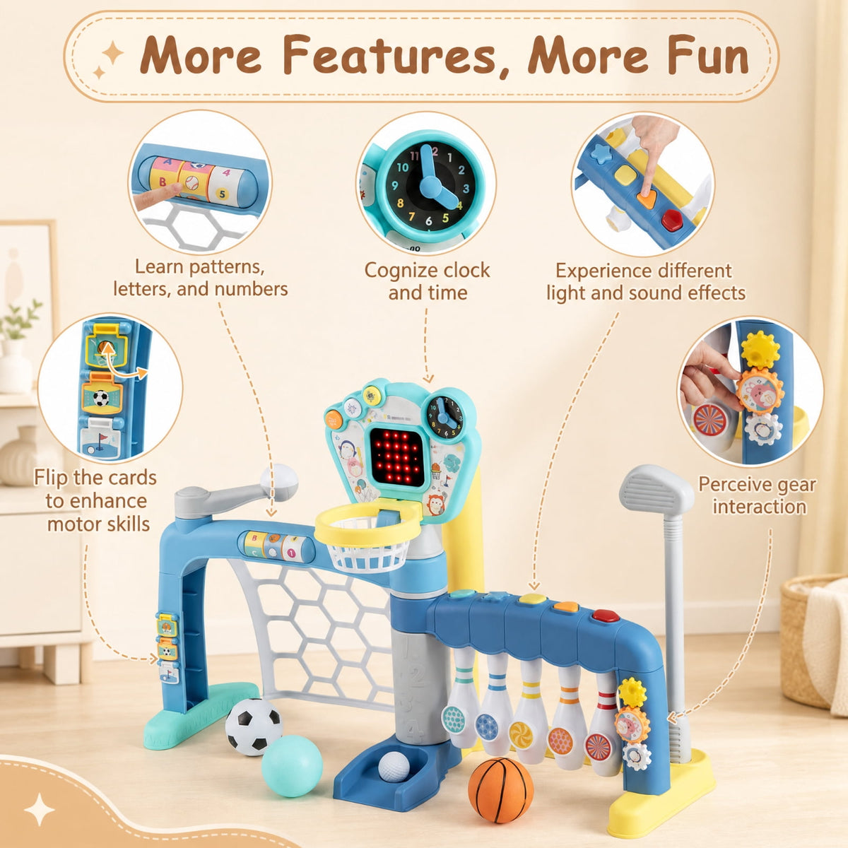 Redsmile 5-in-1 Toddler Sports Toy with Adjustable Basketball Hoop, Baby Sports Center with Soccer Golf Baseball Bowling for Baby Boys Girls 18 Months+, Lights Music, Multicolor
