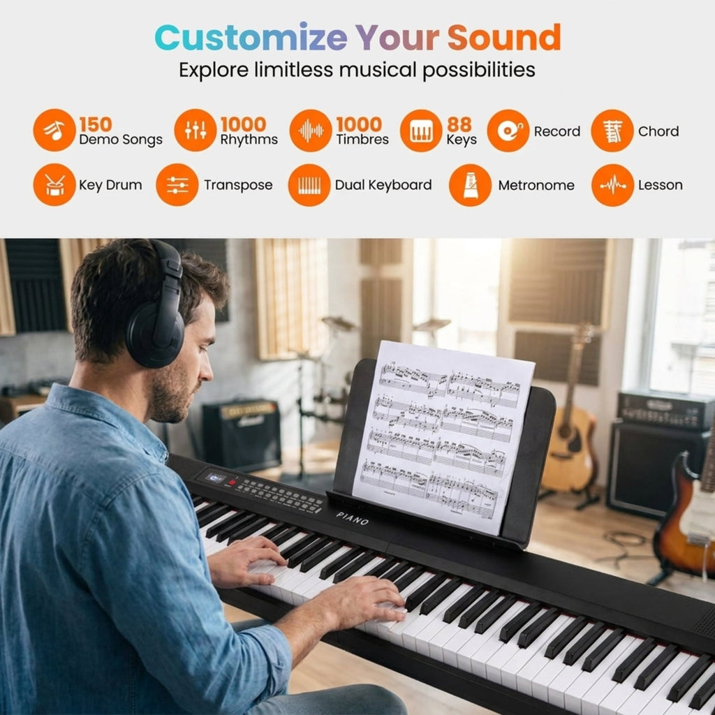 Redsmile 88 Key Foldable Digital Piano Keyboard with Wireless MIDI Dual Speakers and 1000 Rhythms for Beginners, Black