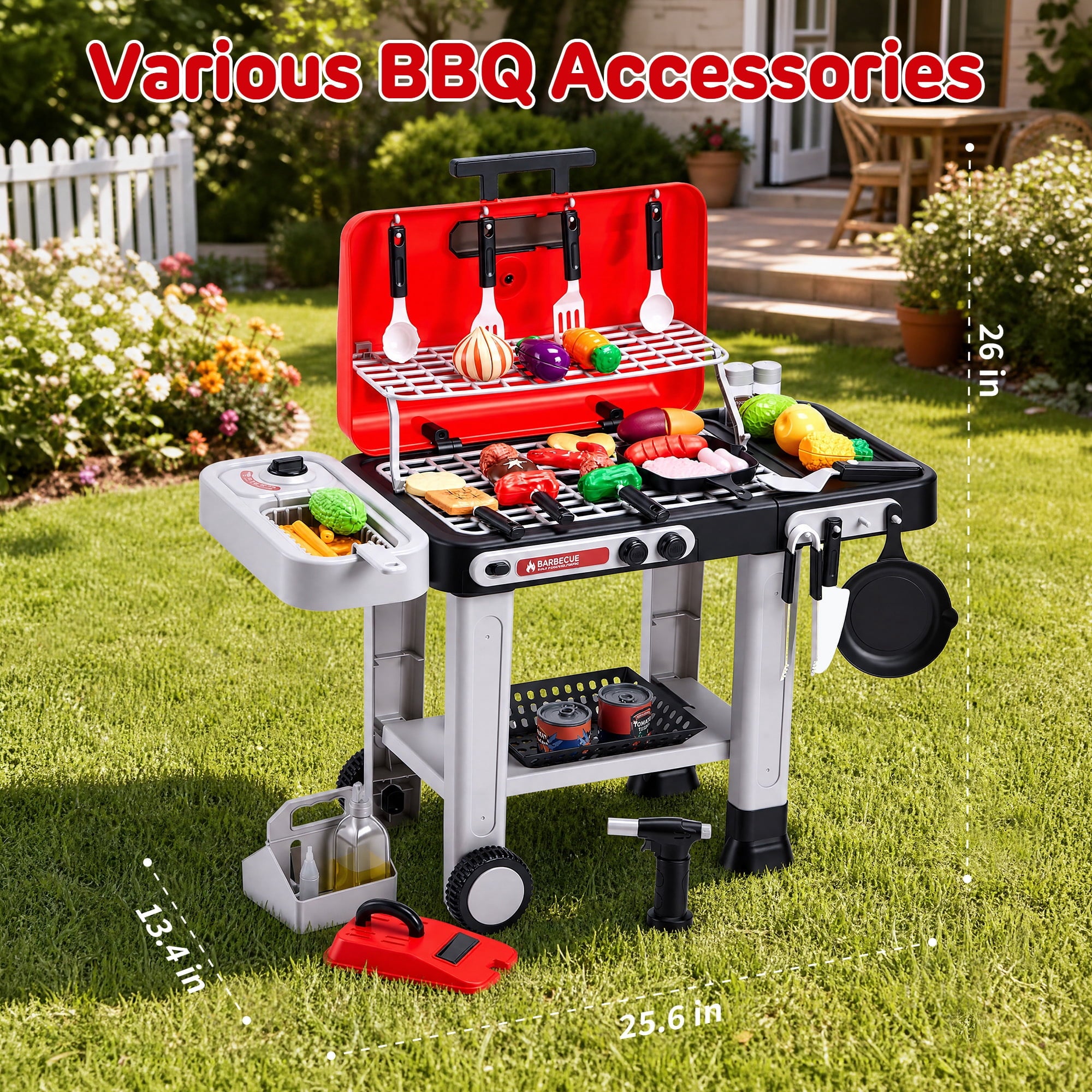 Redsmile Kids BBQ Grill Toy with Spray Light and Sound, Color-Changing Play Food Set, Pretend Play Kitchen Toy for Boys Girls