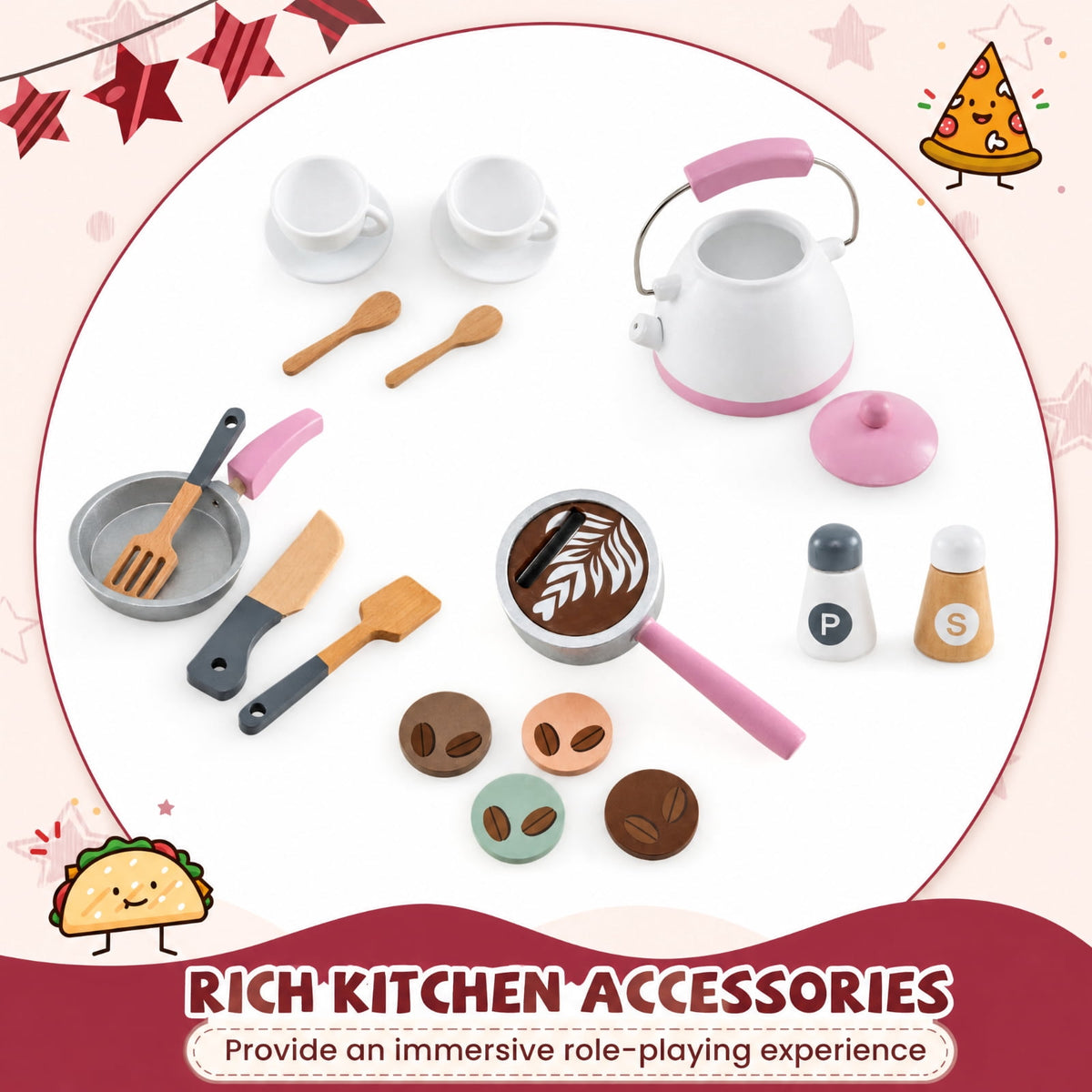 Redsmile Corner Wooden Play Kitchen Set for Kids 3+ Years, Pretend Play Kitchen with Coffee Machine, Slide, Light-Up Microwave, Stoves, Washing Machine and 20 Accessories, Pink