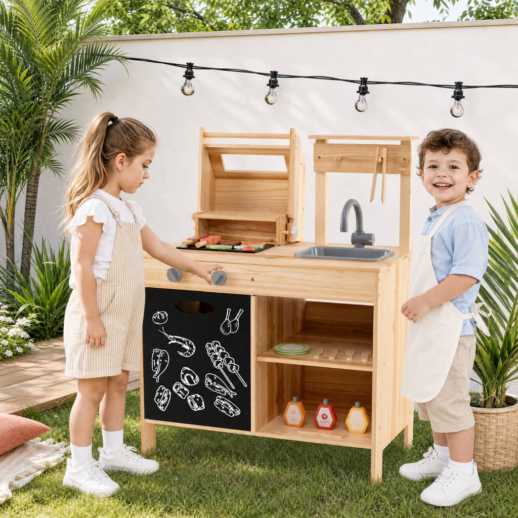 Redsmile Wooden BBQ Grill Playset for Kids with Chalkboard Sink and Cabinet, Pretend Play Barbecue Kitchen Set with 25 Accessories Grilling Tools and Play Food, Toddler Playset, Natural