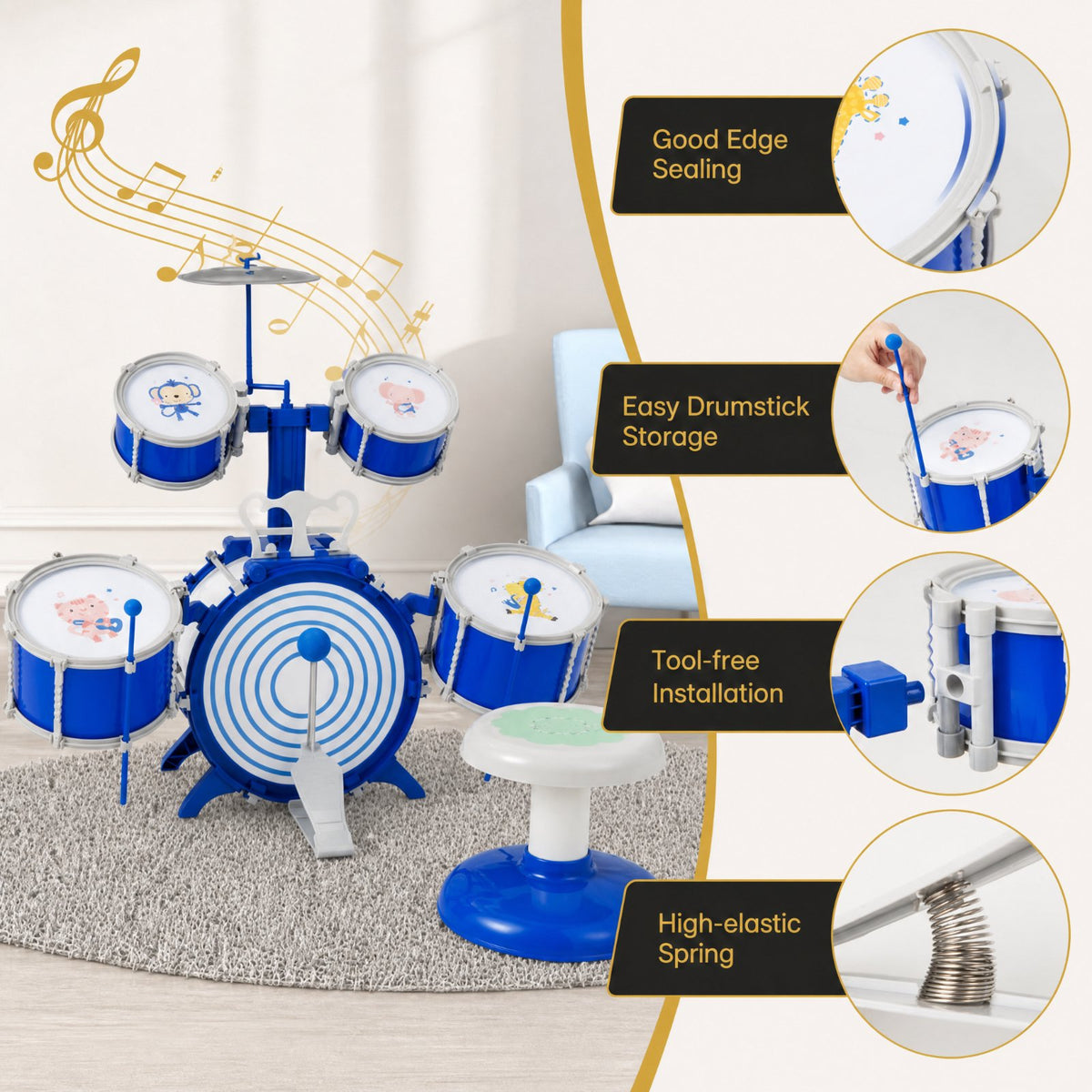 Redsmile Kids Drum Set Educational Percussion Musical Instrument Toy with Bass Drum, Blue