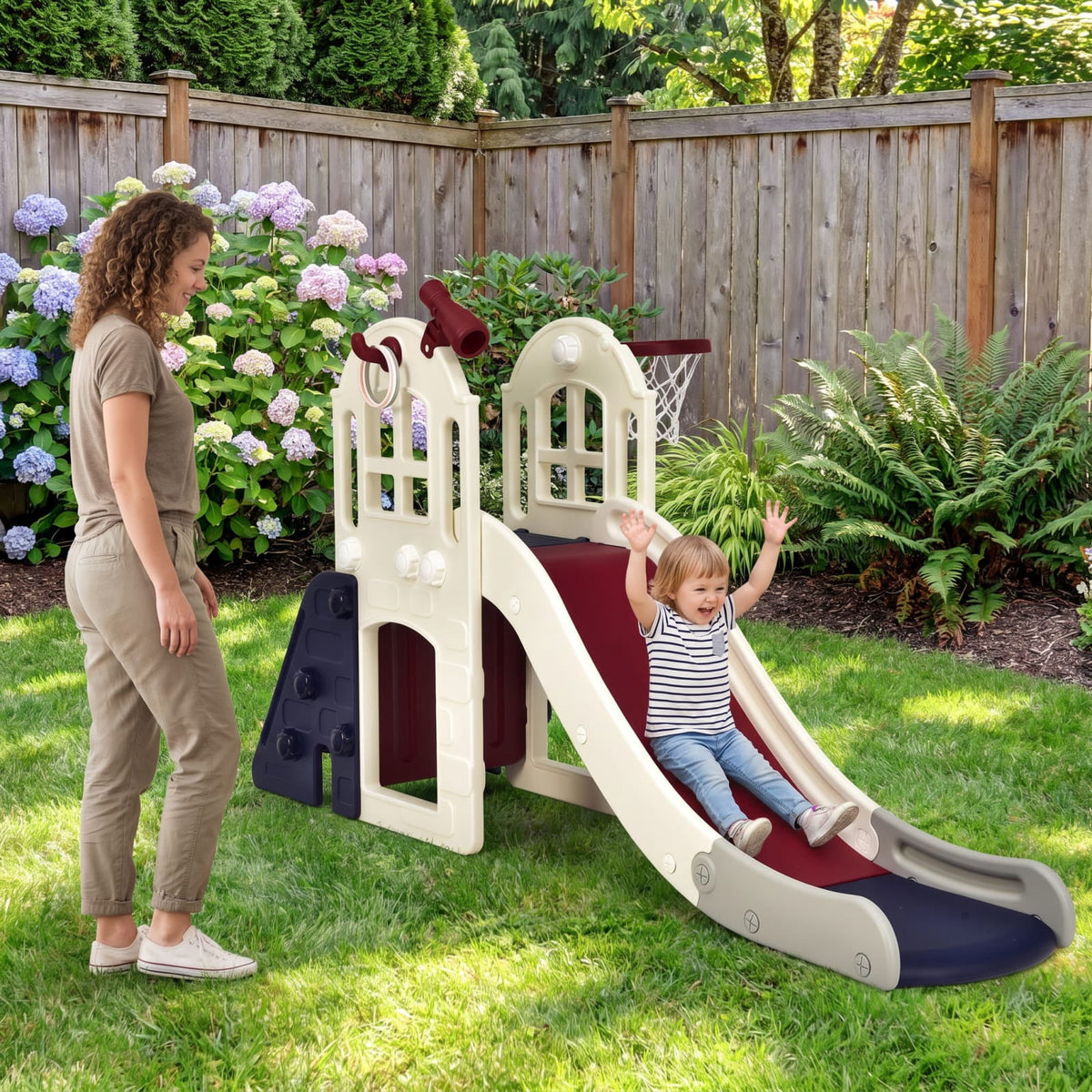Redsmile 6-In-1 Large Slide for Kids Toddler Climber Slide Playset with Basketball Hoop for Kids 3+ Years Old, Blue