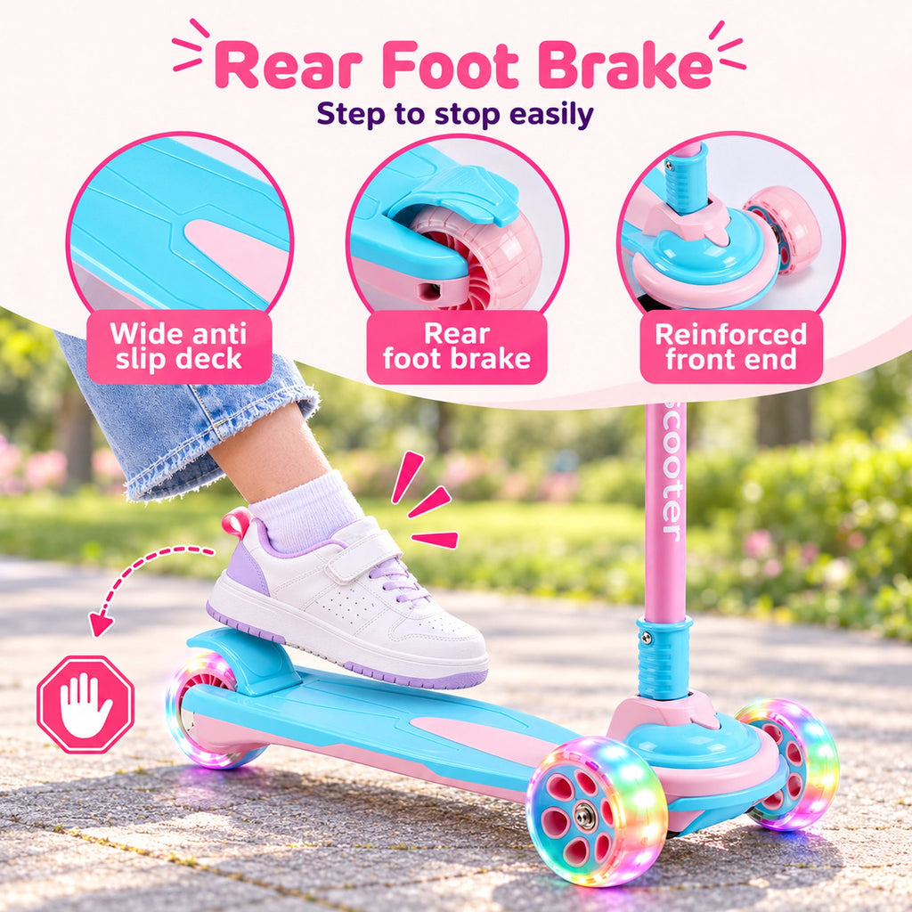 Redsmile Kids 3-Wheel Folding Kick Scooter with Light-Up Wheels, Pink
