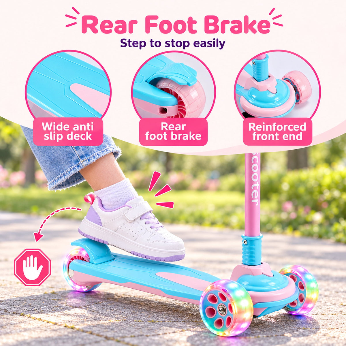 Redsmile Kids 3-Wheel Folding Kick Scooter with Light-Up Wheels, Pink and Blue