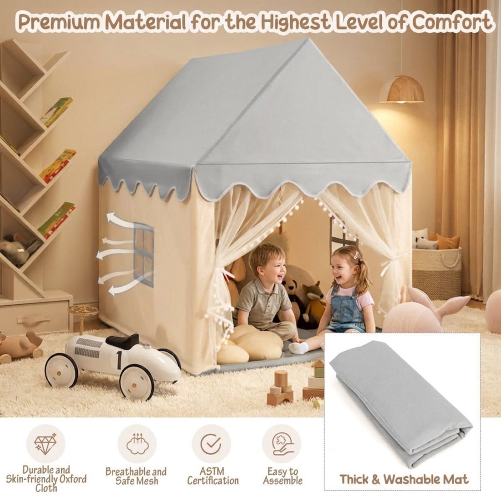 Redsmile Kids Large Play Castle Fairy Tent with Mat, Beige