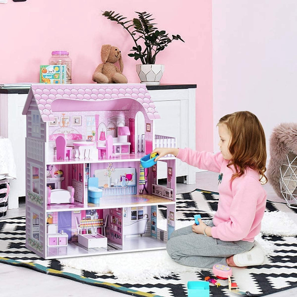 Redsmile Wooden Dollhouse with warm LED Lights, 3-Story Pretend Play Doll House with 16 Furniture and Accessories, DIY Princess Playhouse, Creative Gift for Girls