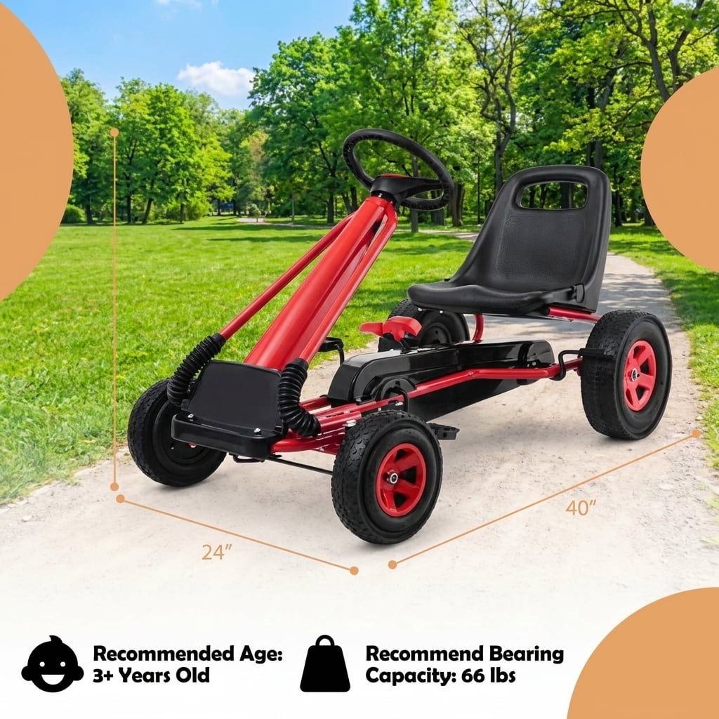 Redsmile Kids Ride On Pedal Go Kart, 4 Wheel Pedal Powered Racer Car for Kids Ages 3 and Up, Outdoor Ride On Toy with Rubber Tires and 66 lbs Capacity, Adjustable Kids Go Kart, Red
