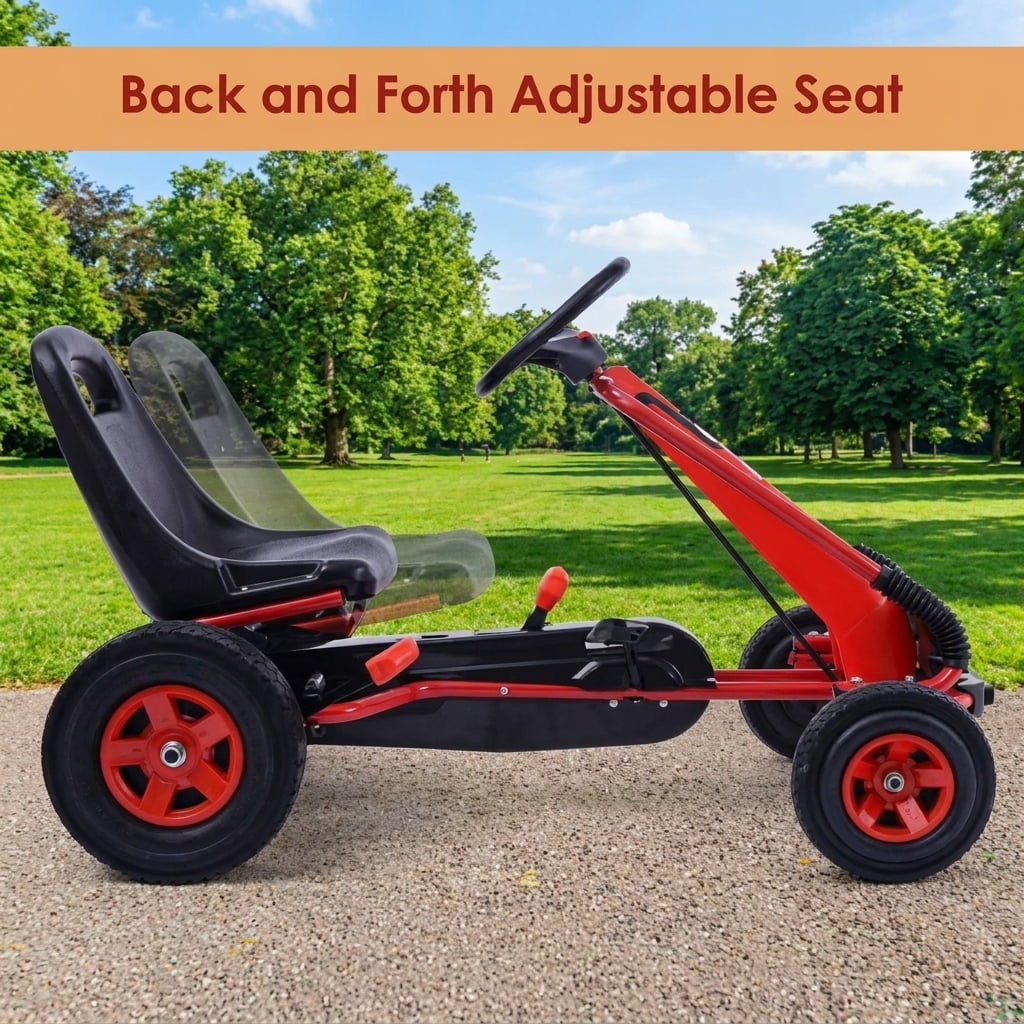 Redsmile Kids Ride On Pedal Go Kart, 4 Wheel Pedal Powered Racer Car for Kids Ages 3 and Up, Outdoor Ride On Toy with Rubber Tires and 66 lbs Capacity, Adjustable Kids Go Kart, Red