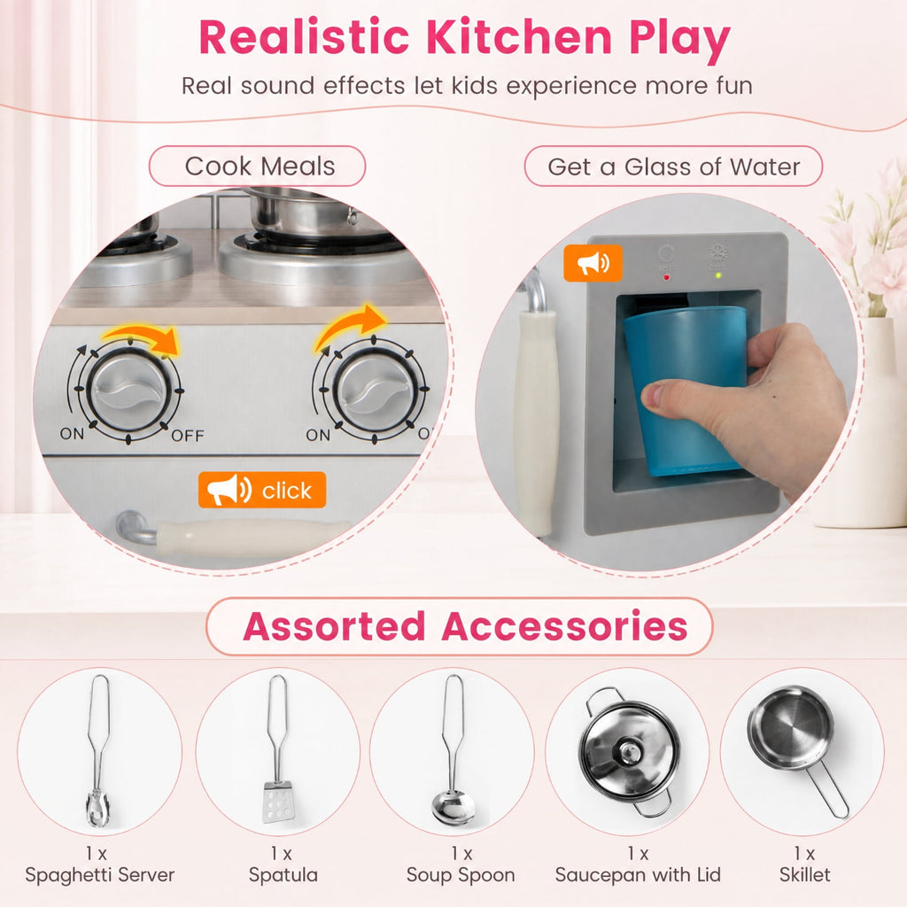 Redsmile Kids Play Kitchen Set for Toddlers 3+ Years, L-Shaped Corner Pretend Play Kitchen with Realistic Microwave, Oven, Stove, Water Dispenser, Range Hood and Side Refrigerator, White