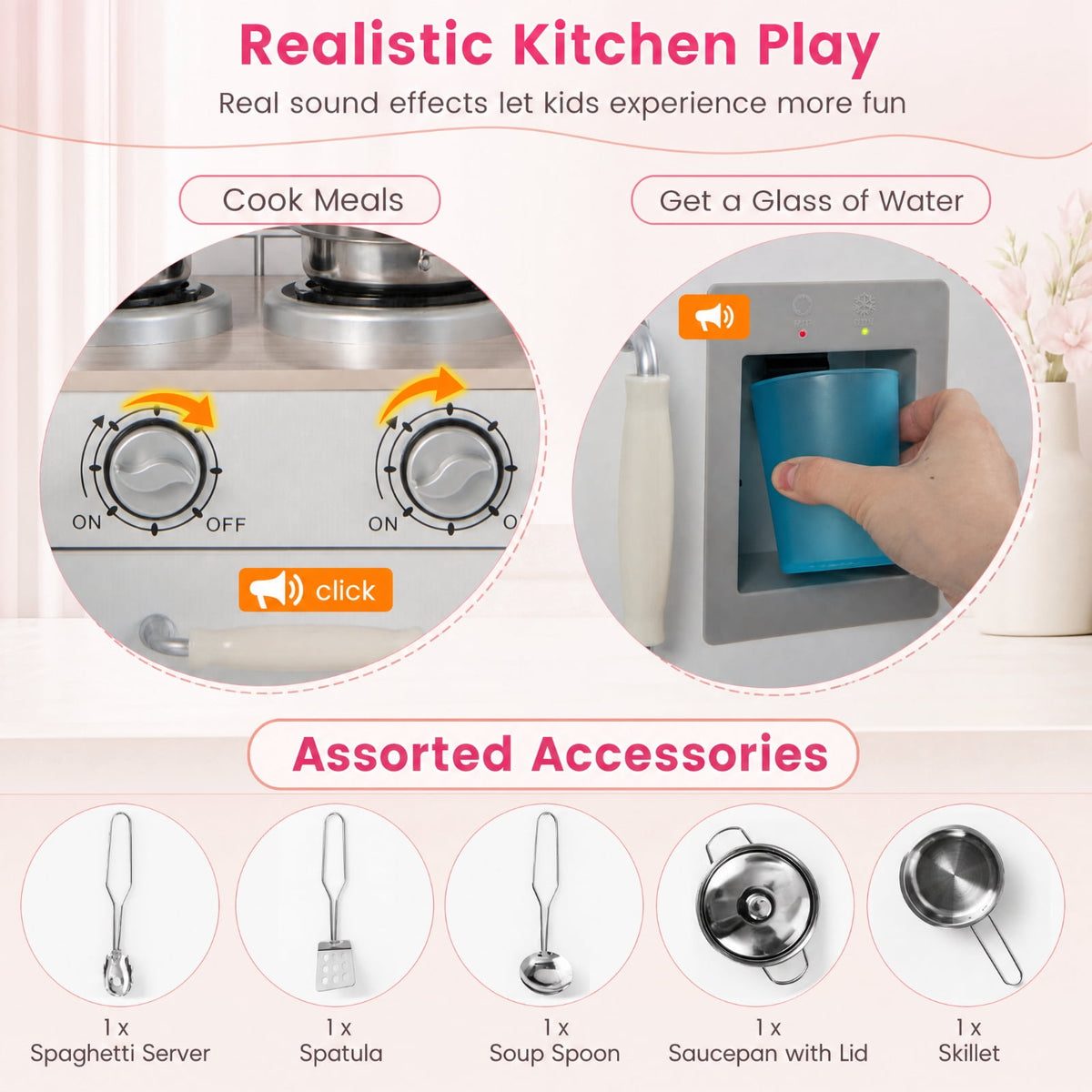 Redsmile Kids Play Kitchen Set for Toddlers 3+ Years, L-Shaped Corner Pretend Play Kitchen with Realistic Microwave, Oven, Stove, Water Dispenser, Range Hood and Side Refrigerator, White