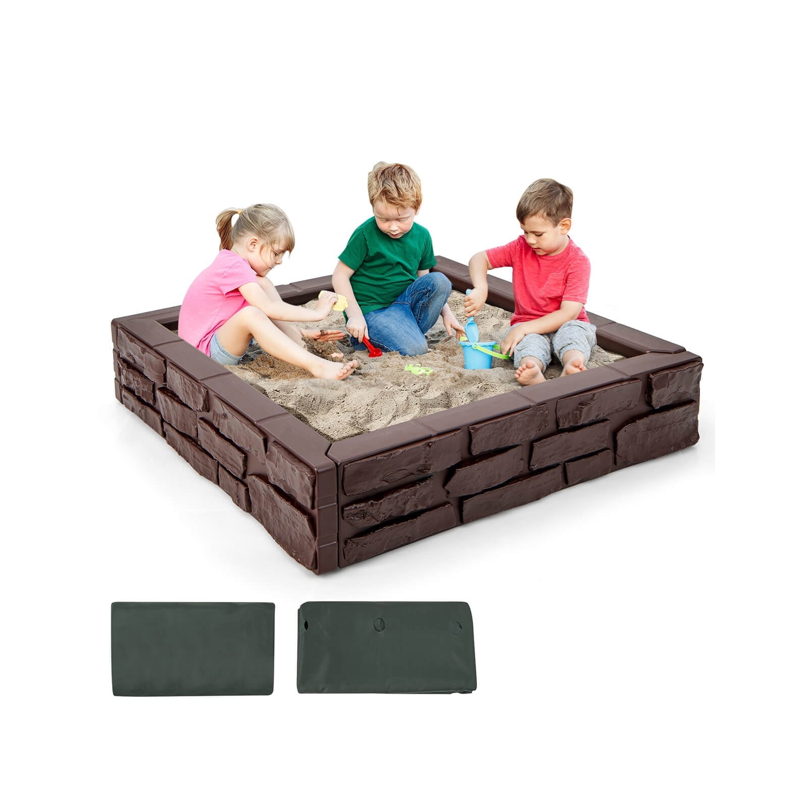 Redsmile 2-In-1 HDPE Kids Sandbox with Cover and Bottom Liner - Brown - Outdoor Play - Garden Toy - Backyard Fun