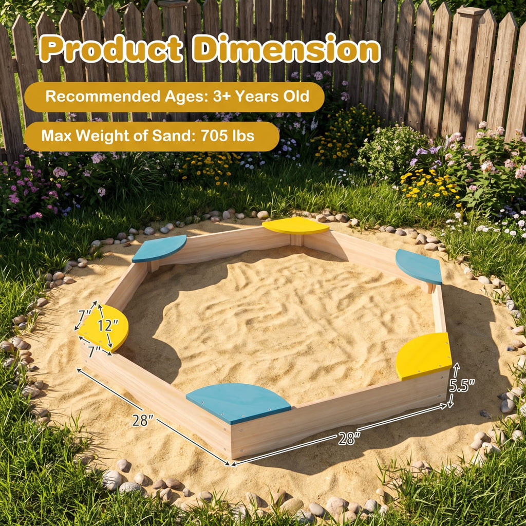 Redsmile Outdoor Solid Wood Sandbox with 6 Built-in Fan-shaped Seats for Kids Backyard Playground Summer Fun