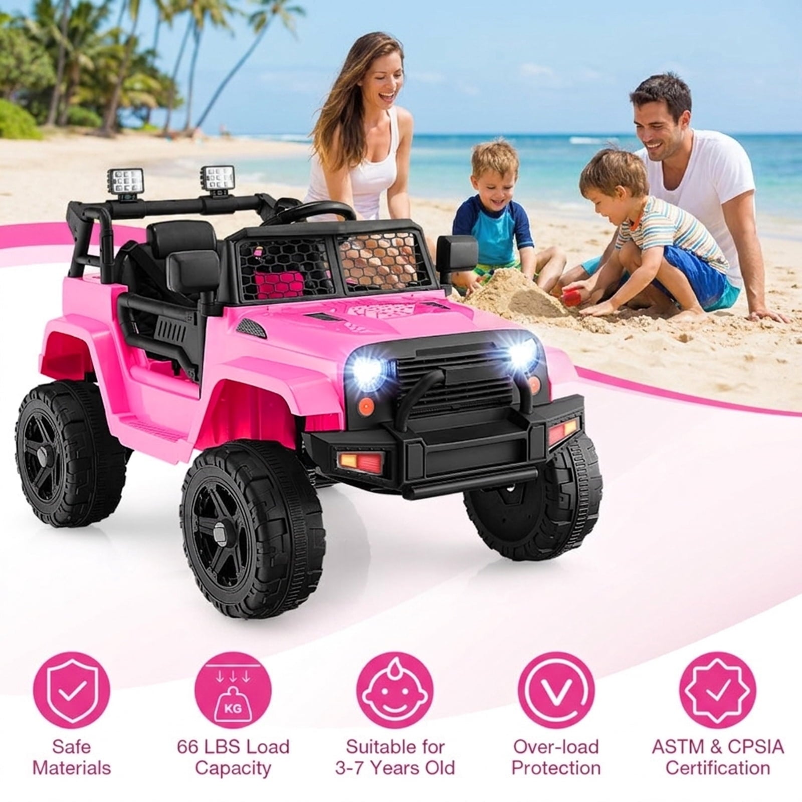 Redsmile 12V Kids Ride On Truck with Parental Remote Control, Battery Powered Electric Pickup with LED Headlights, Seat Belt, Lockable Doors, USB AUX, Spring Suspension Wheels, Pink