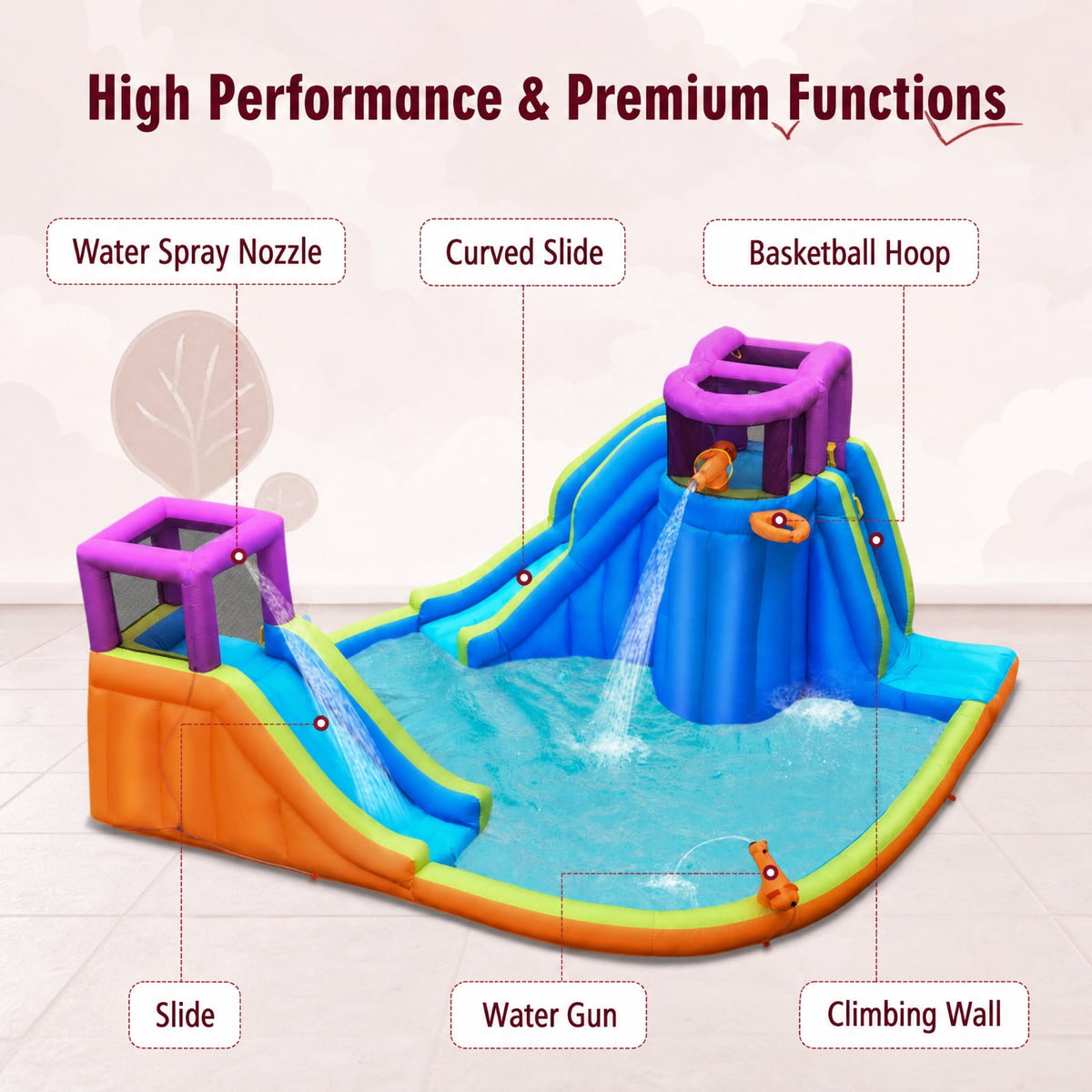Redsmile 6-in-1 Inflatable Dual Water Slide Bounce House, Backyard Water Slide with 4 Sprayers, 2 Water Guns and Basketball Hoop for Kids Ages 3-10, ASTM Outdoor Fun (Without Blower)
