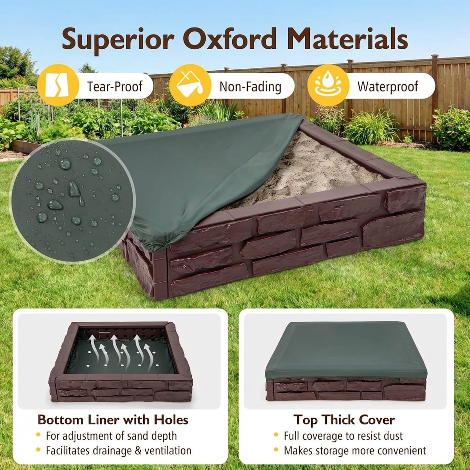 Redsmile 2-In-1 HDPE Kids Sandbox with Cover and Bottom Liner - Brown - Outdoor Play - Garden Toy - Backyard Fun