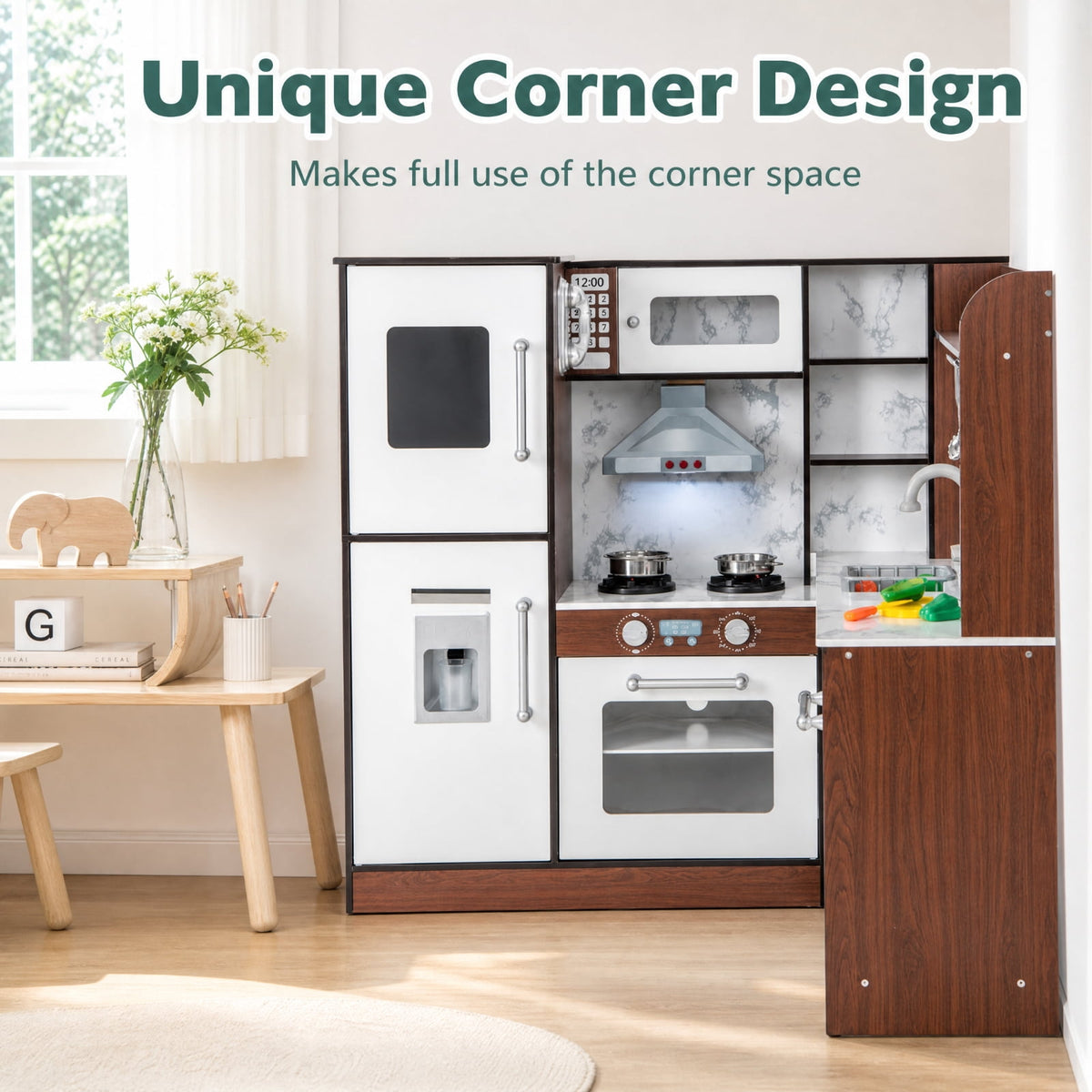 Redsmile Wooden Corner Play Kitchen Set for Toddlers 3+ Years, Pretend Play Kitchen with Water Circulation System, 360 Faucet, Sound and Light Range Hood, Ice Maker and Fabric Bins, Brown