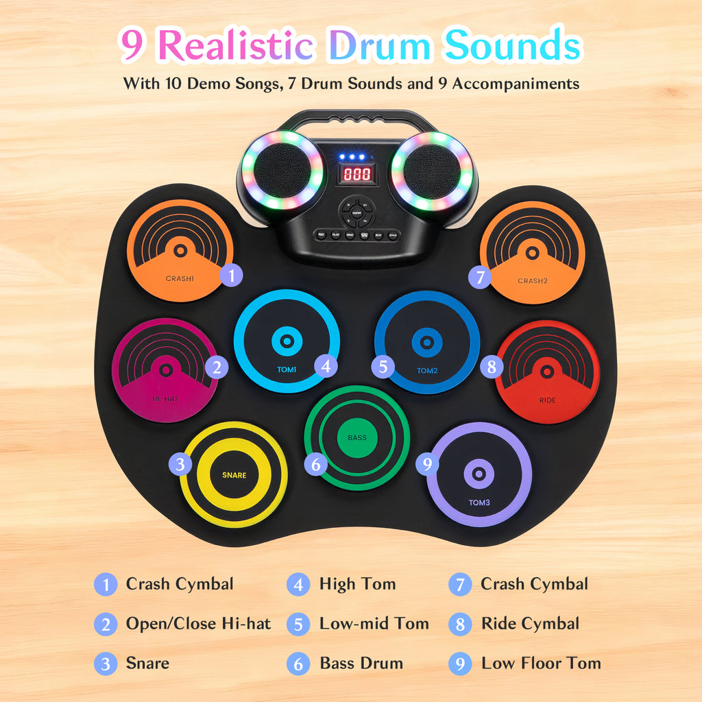 Redsmile Electronic Drum Set Kit with 9 Pads and Bluetooth Dual Speakers for Kids and Adults,Portable Practice Kit for Beginners