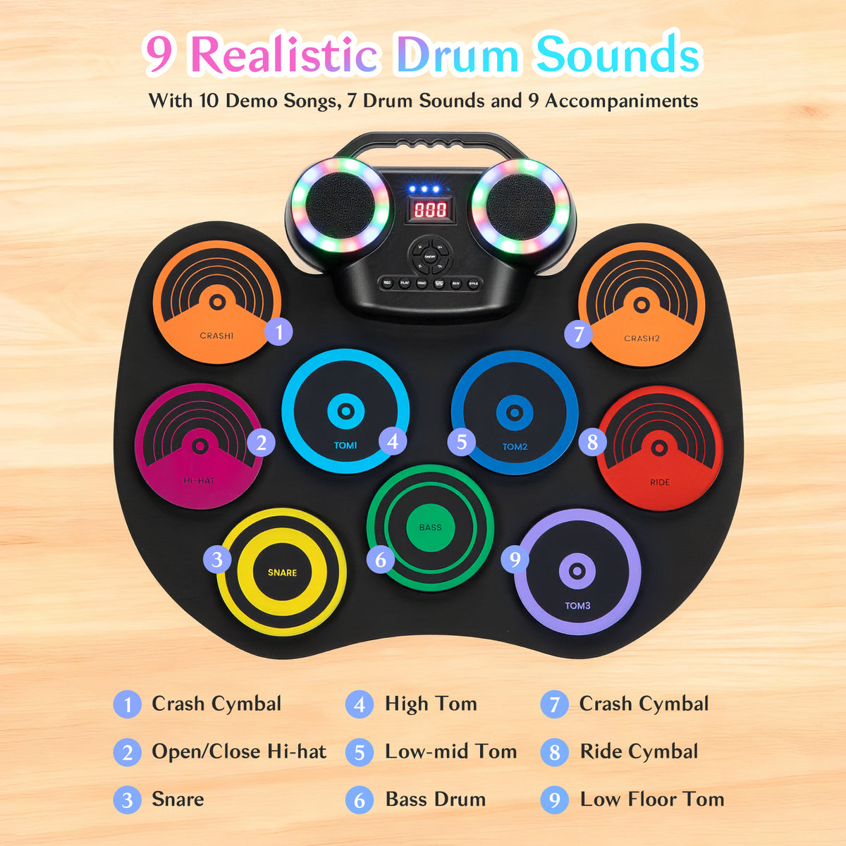 Redsmile Electronic Drum Set Kit with 9 Pads and Bluetooth Dual Speakers for Kids and Adults,Portable Practice Kit for Beginners