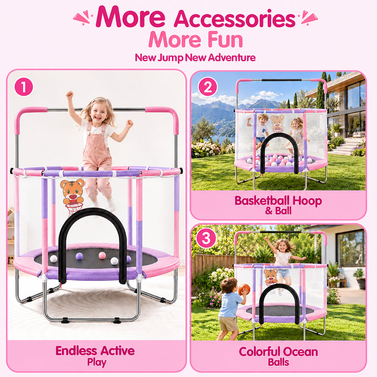 Redsmile 55 Inch Trampoline for Kids with Safety Net, 3-Level Adjustable Height, 500lb Capacity Indoor and Outdoor Jumper with Basketball Hoop for Boys and Girls, Pink