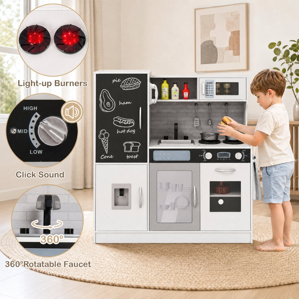 Redsmile Pretend Play Kitchen Set for Kids 3+ Years, Toddler Kitchen Playset with Light-Up Stove, Sound Water Dispenser, Dishwasher, Oven, Chalkboard and Utensils, Christmas Gift, Silver